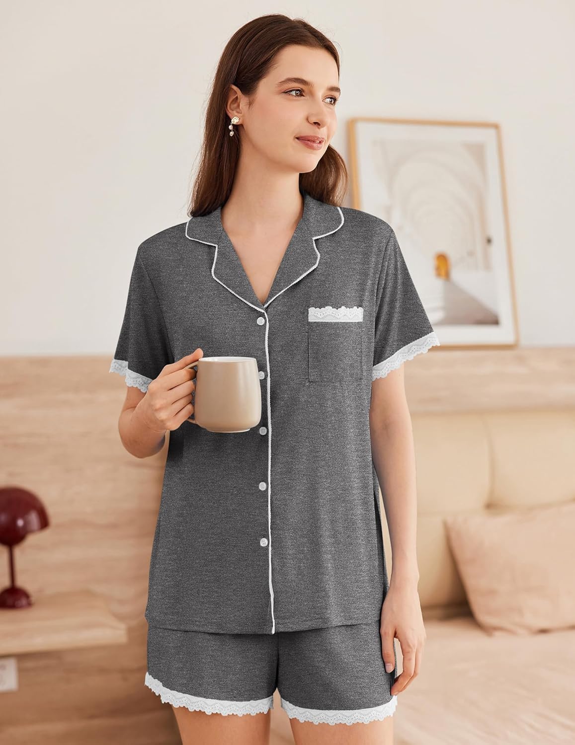 Deep grey pajama set: button-down shirt with lace trim and matching shorts