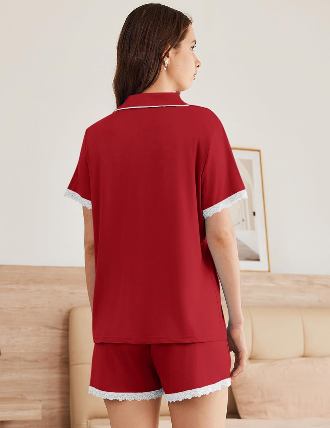 Deep red pajama set, back view: button-down top with lace-edged shorts