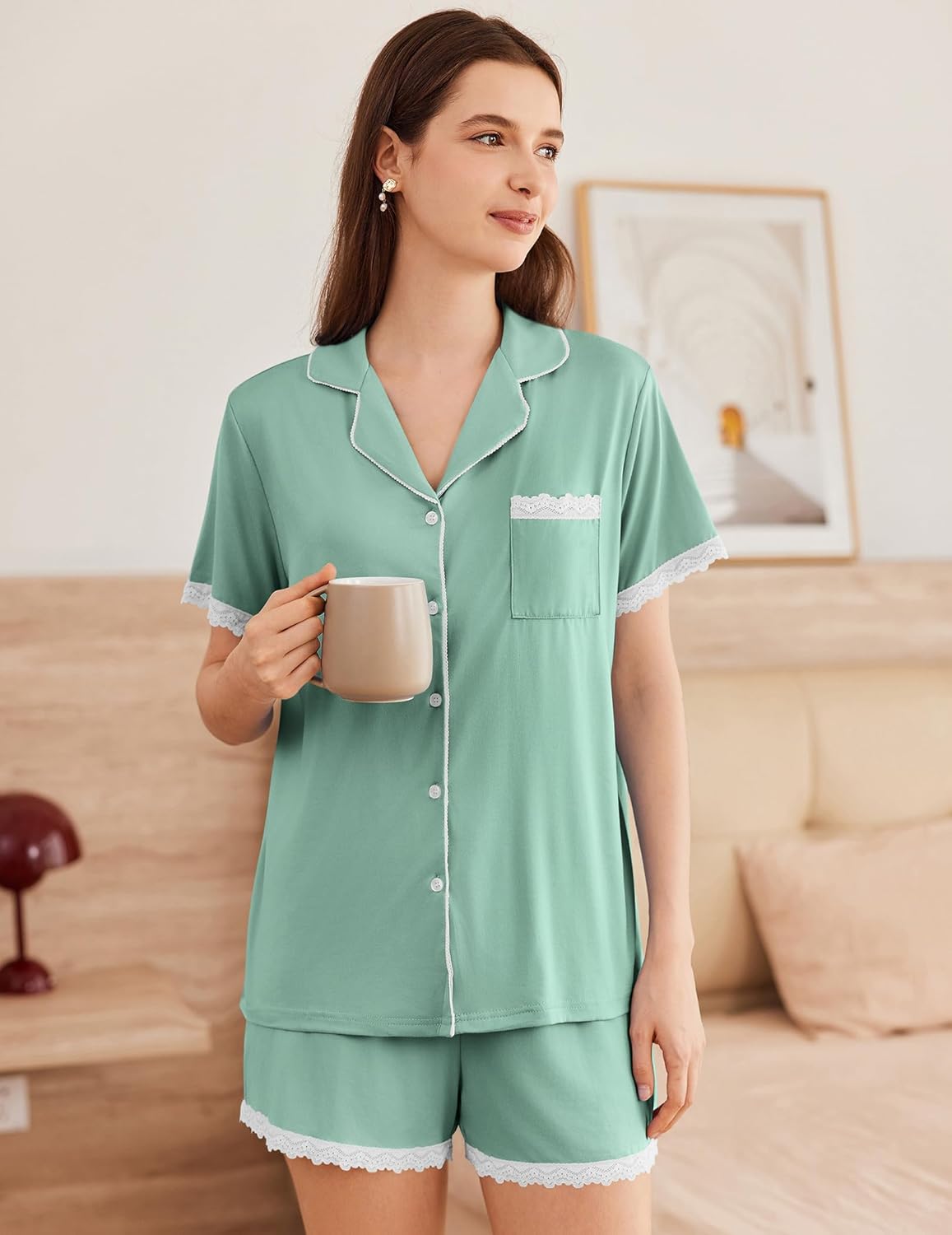 Lake Green pajama set: front button-down top with lace-trim pocket and matching shorts