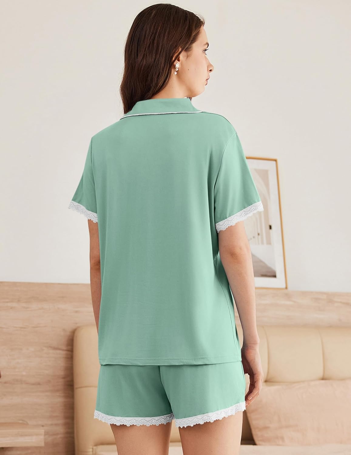 Lake Green pajama set, back view: short-sleeve button top and lace-trimmed shorts