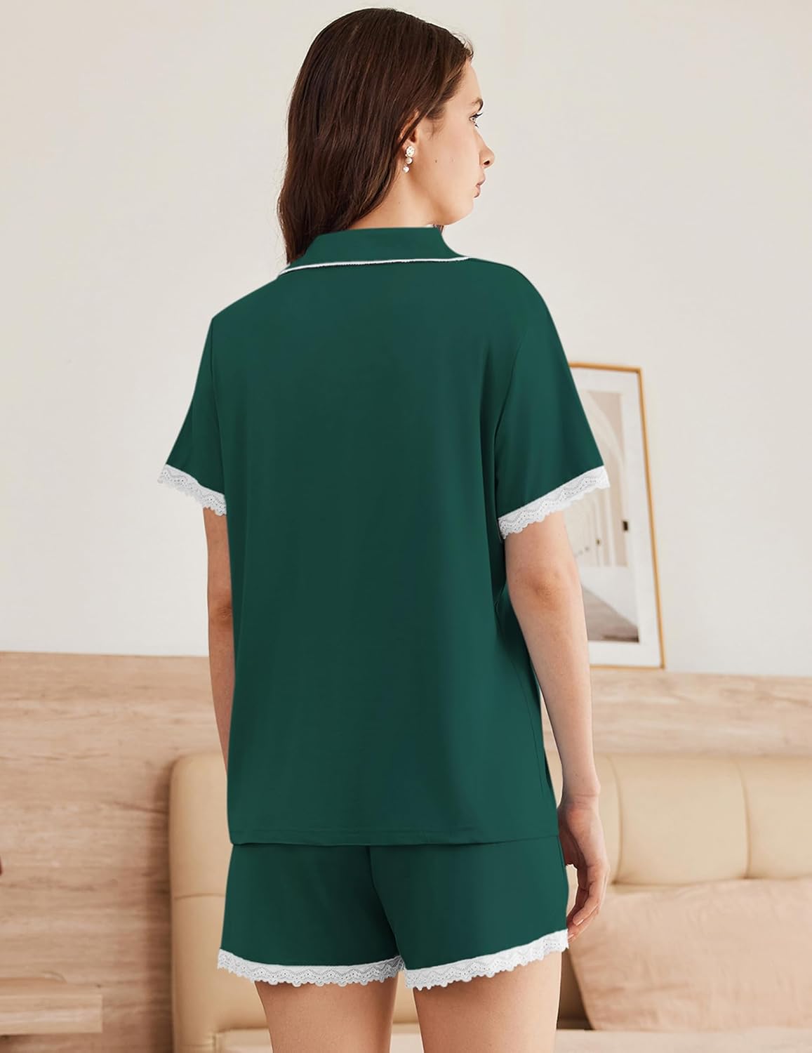 Green pajama set, back view: short-sleeve button-down top and lace-trim shorts