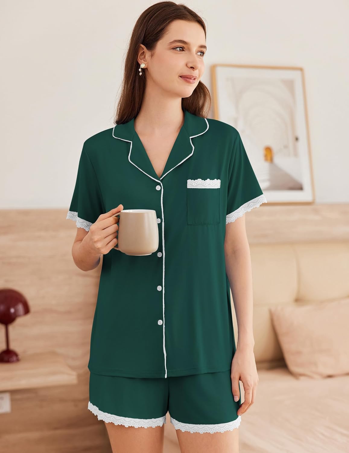 Green pajama set: short-sleeve button-down lounge top with lace-trim shorts