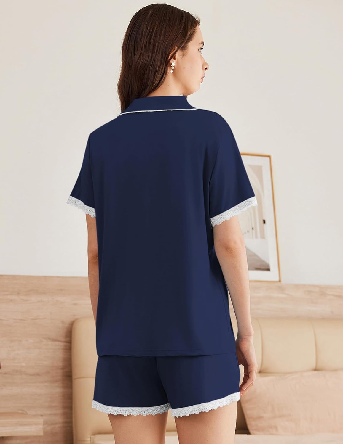 Navy blue pajama set, back view: short-sleeve button top with lace-edged shorts