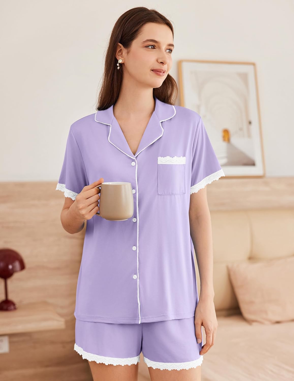 Lavender pajama set: short-sleeve button-down lounge top with lace-trim shorts