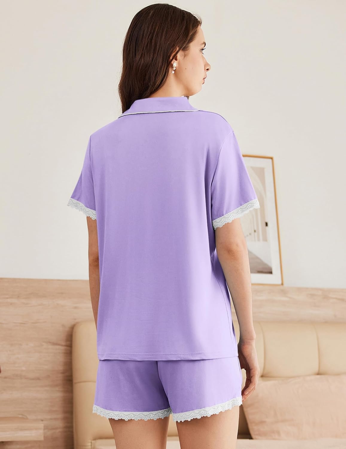 Lavender pajama set, back view: short-sleeve button-down top with lace-trim shorts