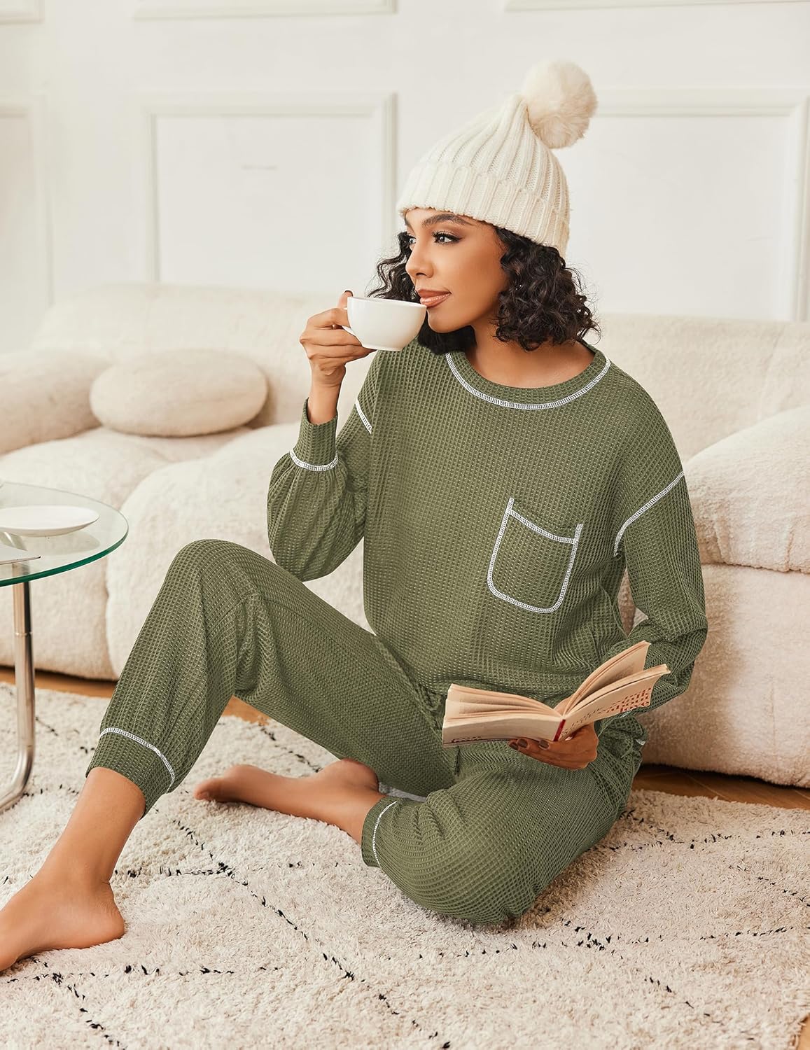 Waffle knit lounge set in green: long sleeve top with pocket and relaxed pajama pants