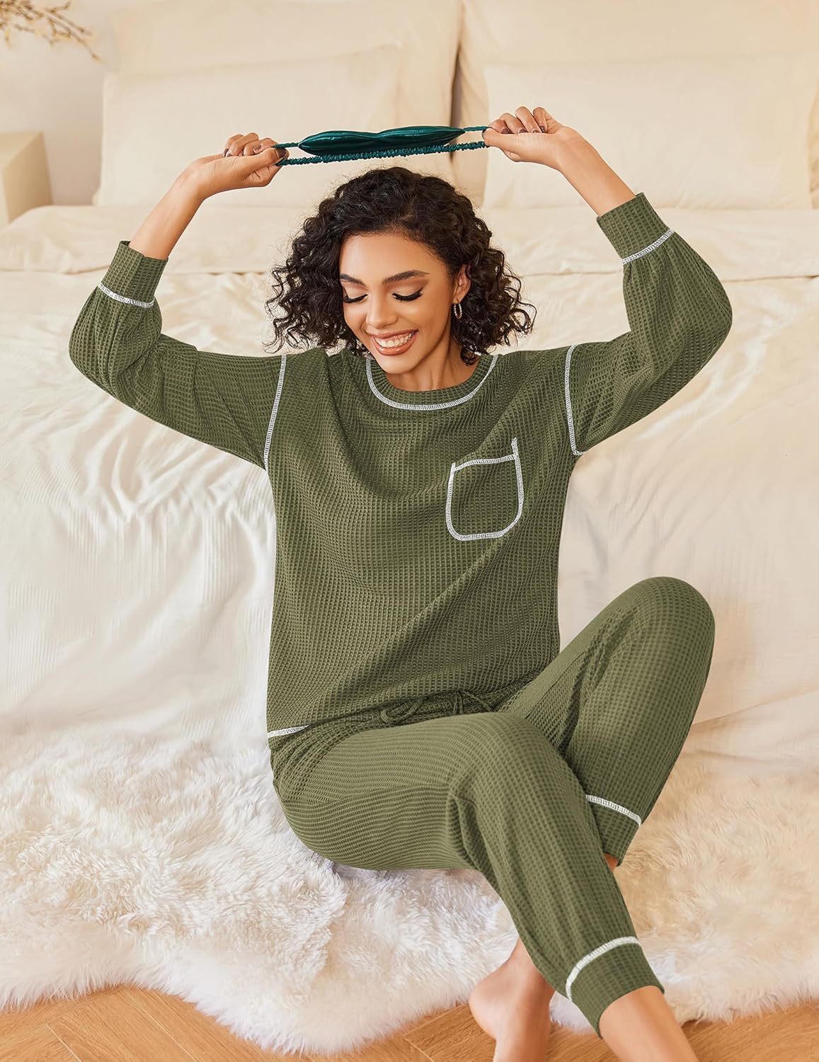 Waffle knit pajama set, long sleeve with chest pocket, green matching trim and pants cuffs