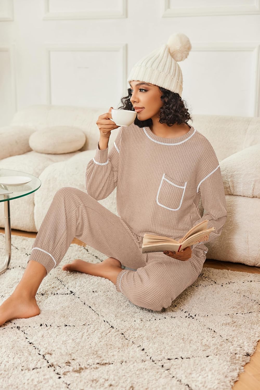Champagne waffle knit lounge set: long sleeve top with chest pocket and drawstring pajama pants