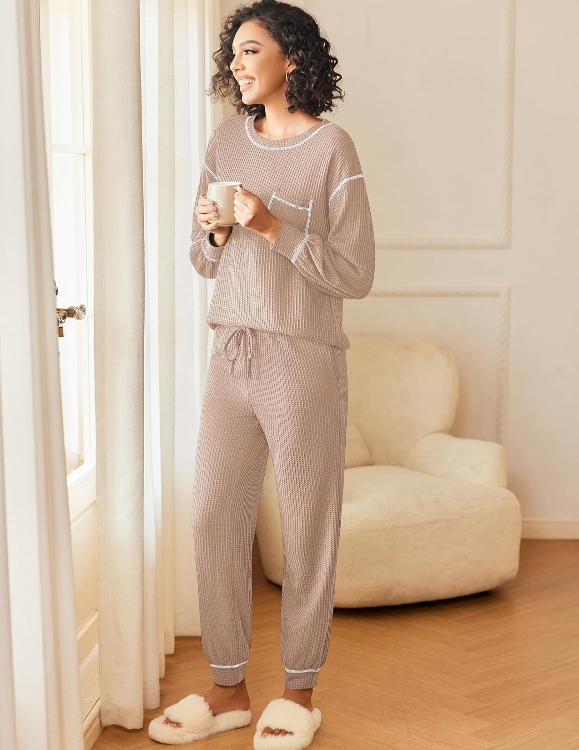 Light pink waffle knit pajama set: long sleeve top with chest pocket and drawstring pants