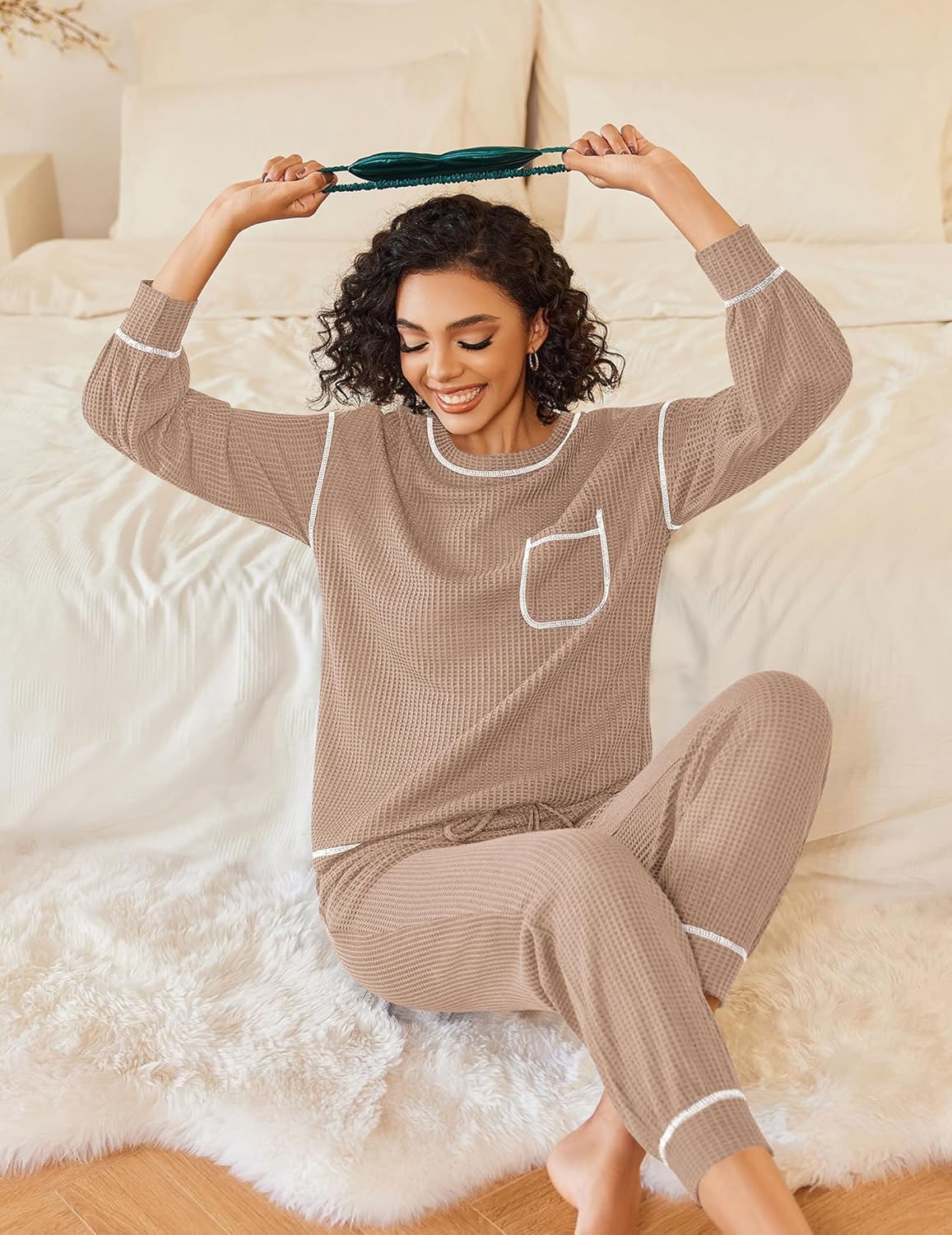 Champagne waffle knit pajama set with long sleeves, chest pocket, and matching ankle cuffs