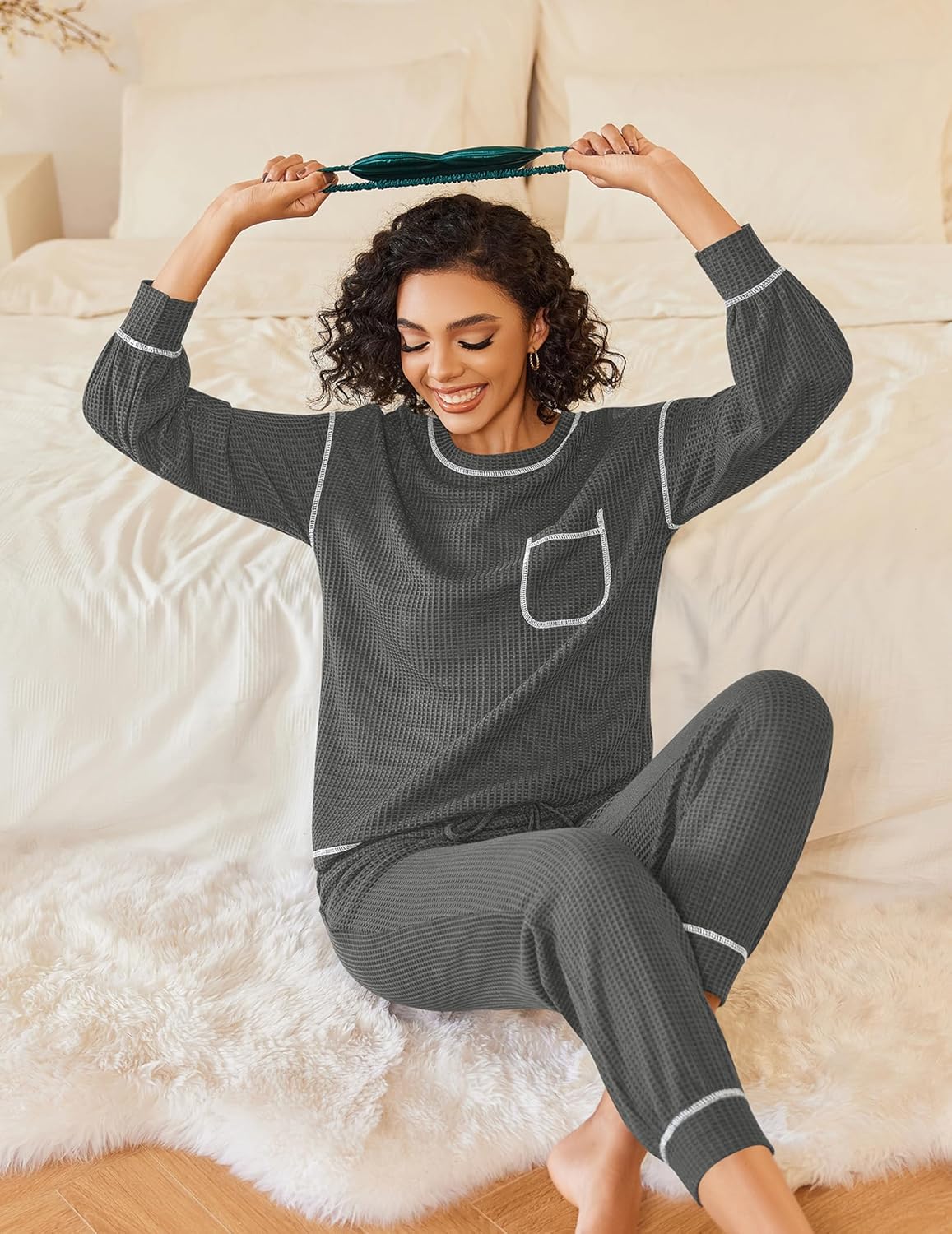 Waffle knit pajama set: long-sleeve top with pocket and contrast trim, jogger pants (dunkelgrau)