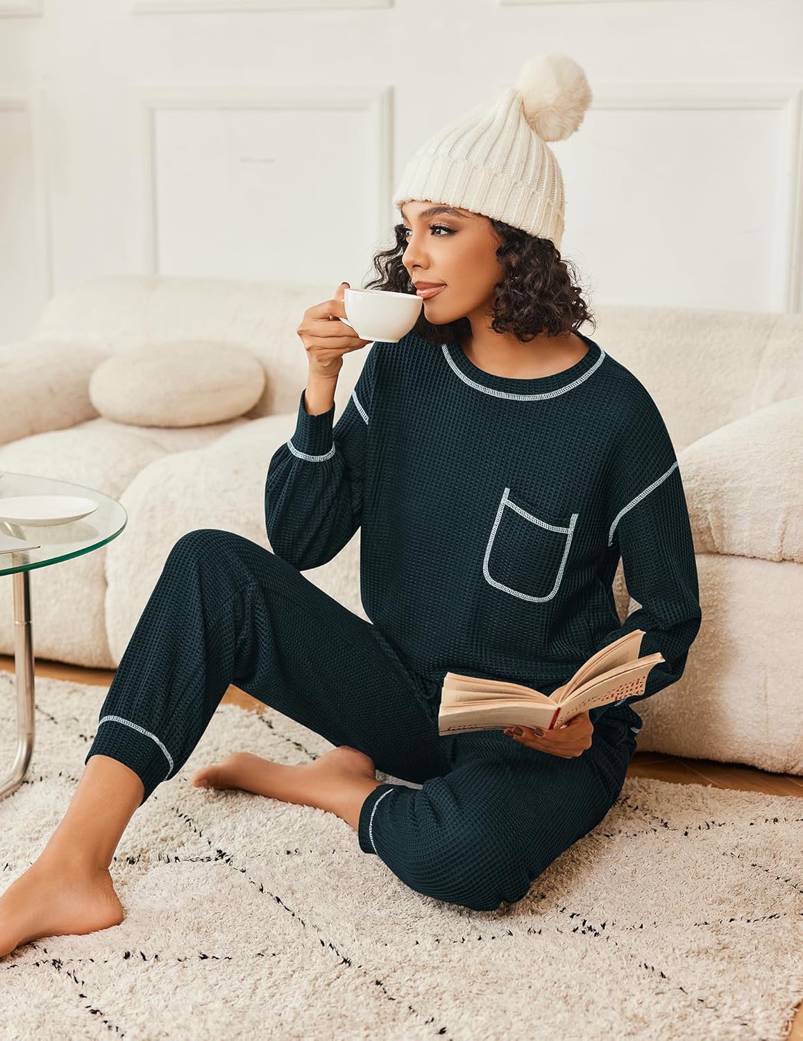 Dark green waffle-knit lounge set, long sleeves with pocket and matching pants