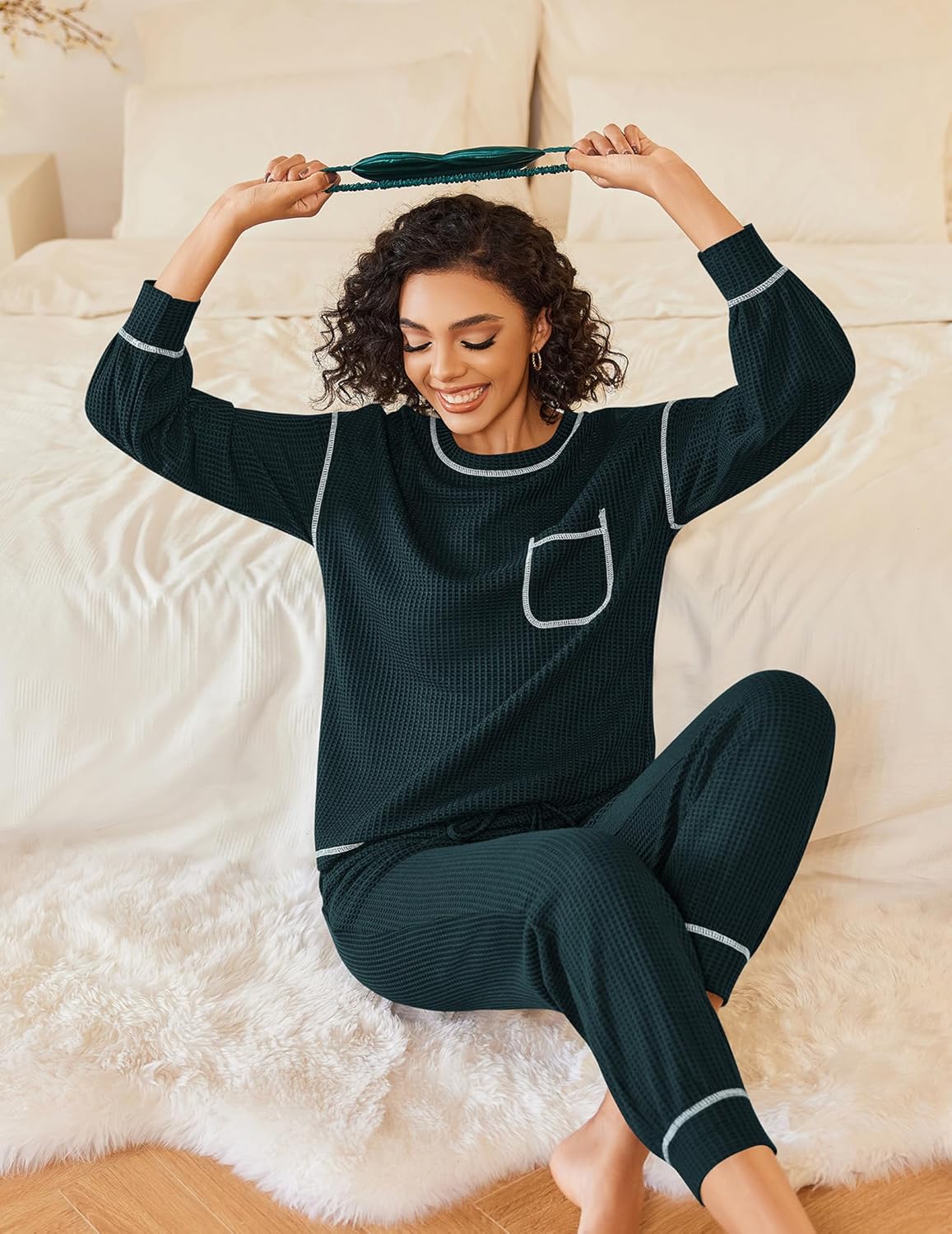 Dark green waffle-knit long-sleeve pajama set with pocket and contrast trim