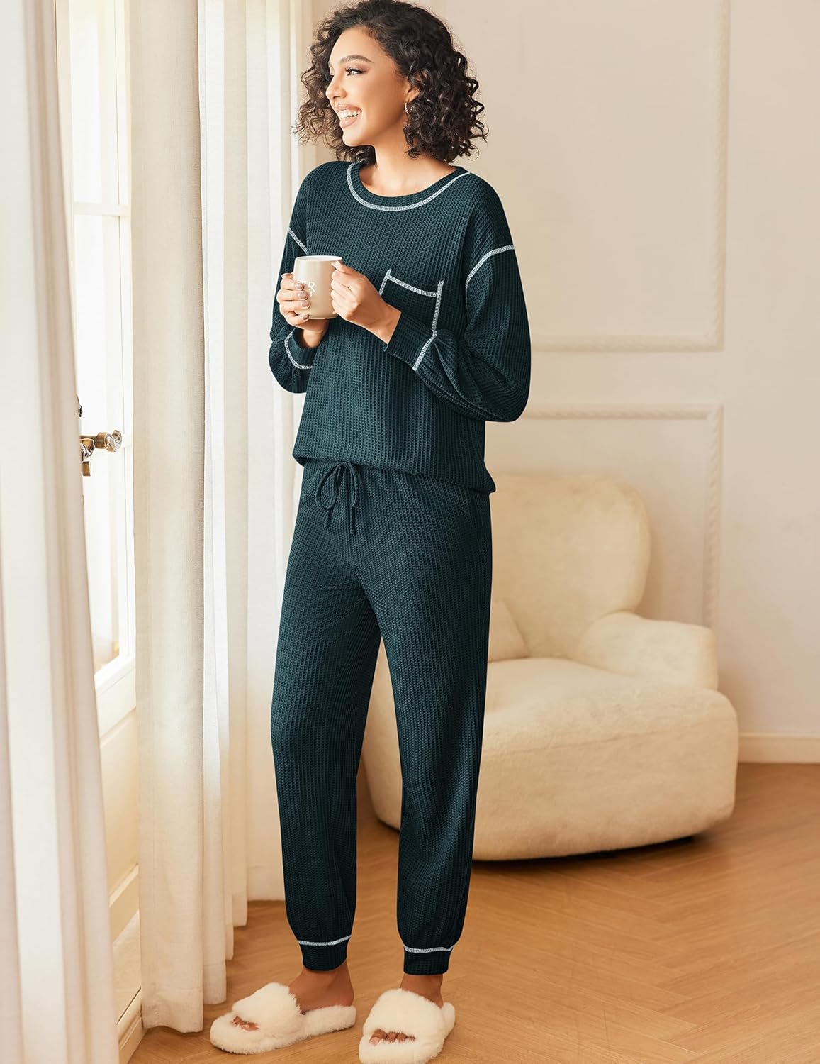 Dark green waffle-knit pajama set with long sleeves and drawstring waist pants