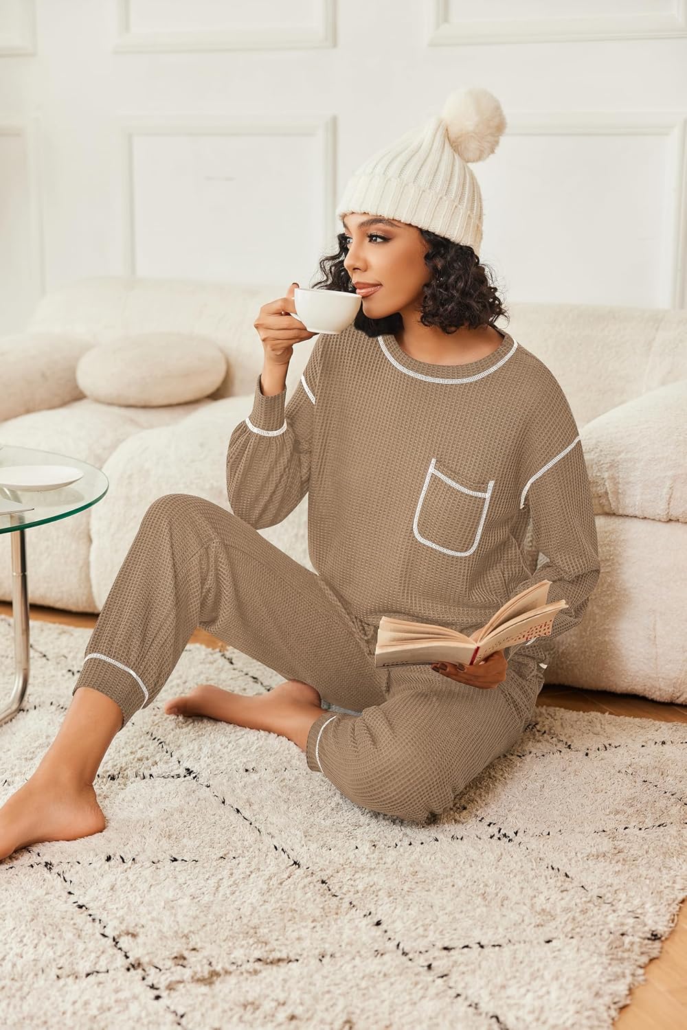 Khaki Waffelstrick-Pajama-Set mit Brusttasche, Kordelzughose und breiten Bündchen