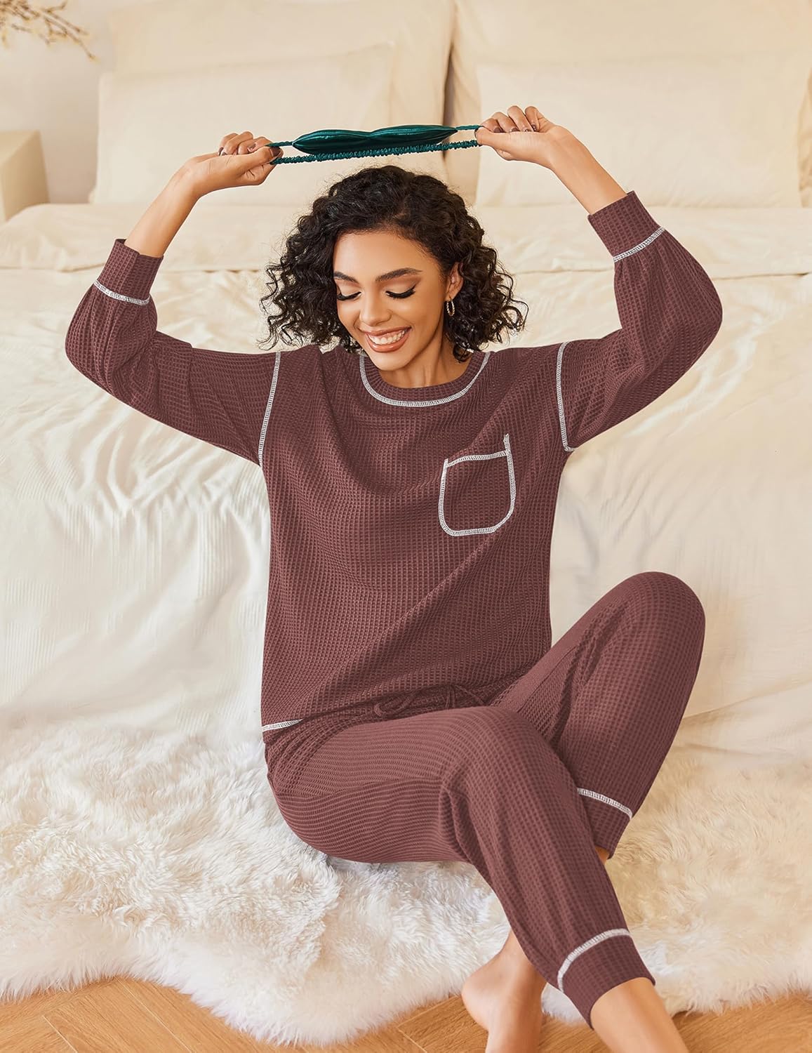 Mauve waffle-knit long-sleeve pajama set with chest pocket and contrast piping