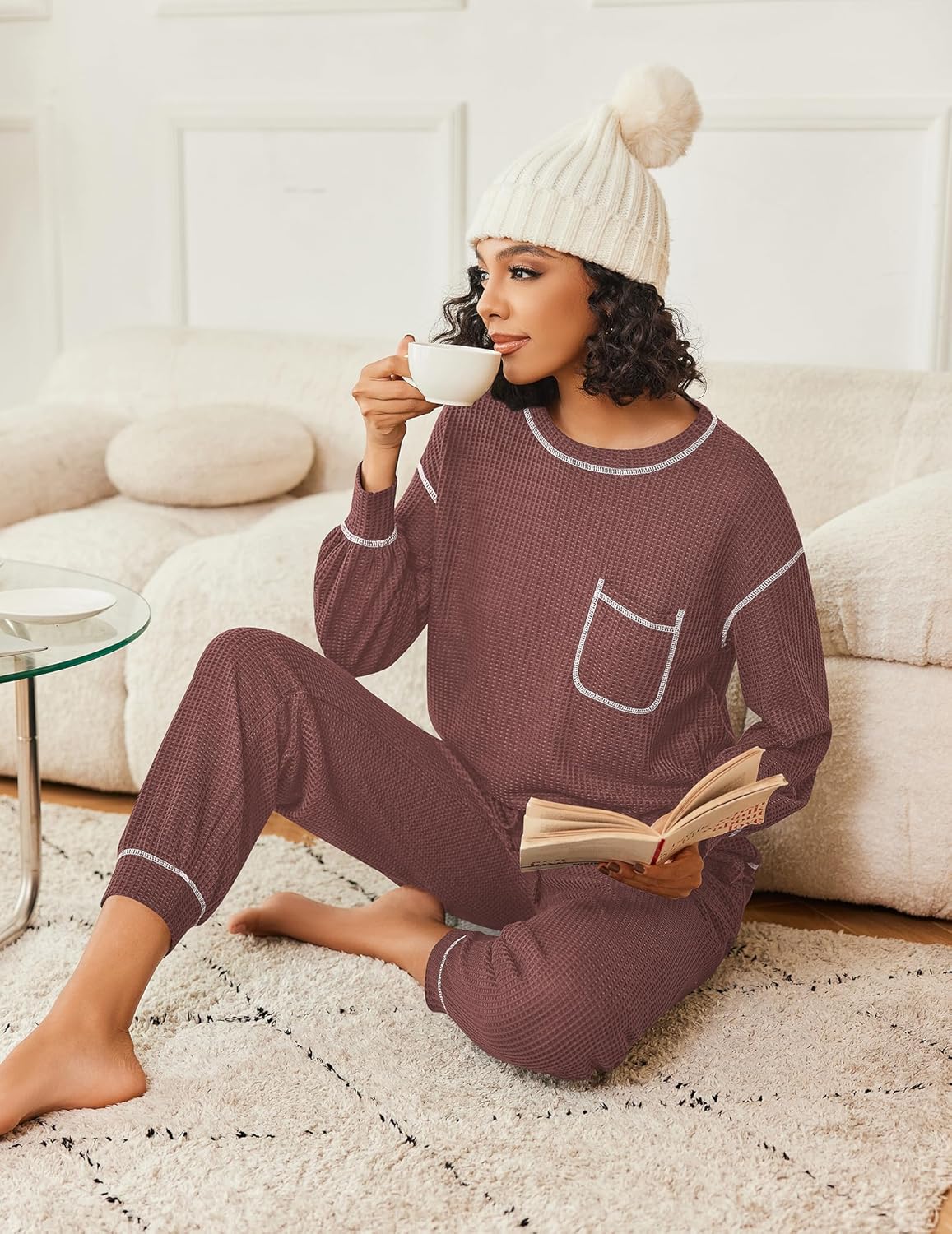Mauve waffle-knit pajama set with long sleeves and matching lounge pants with pocket