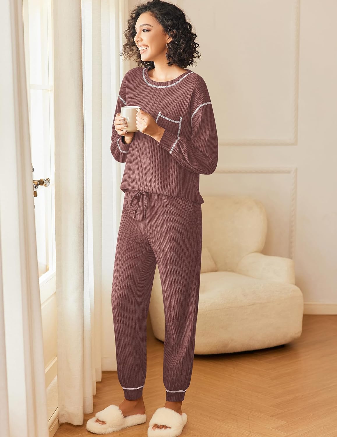 Mauve waffle-knit pajama set with long sleeves, contrast trim, and drawstring pants