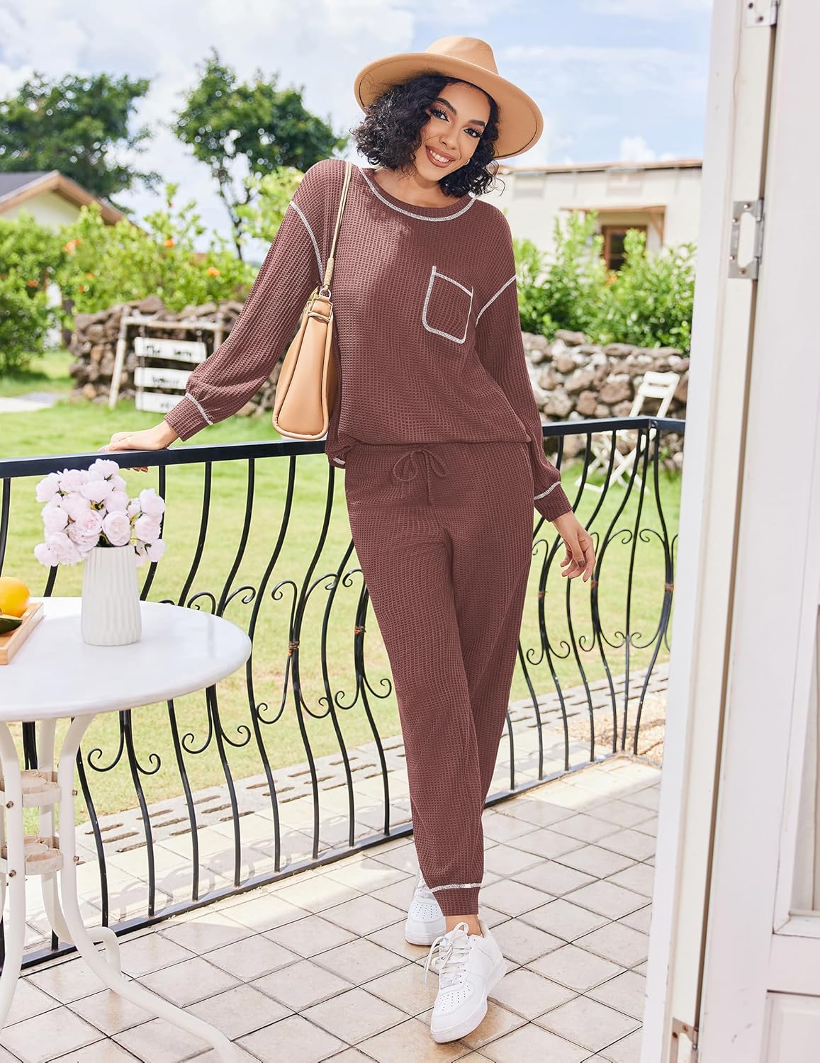 Red waffle-knit pajama set: long-sleeve top with chest pocket and matching pants