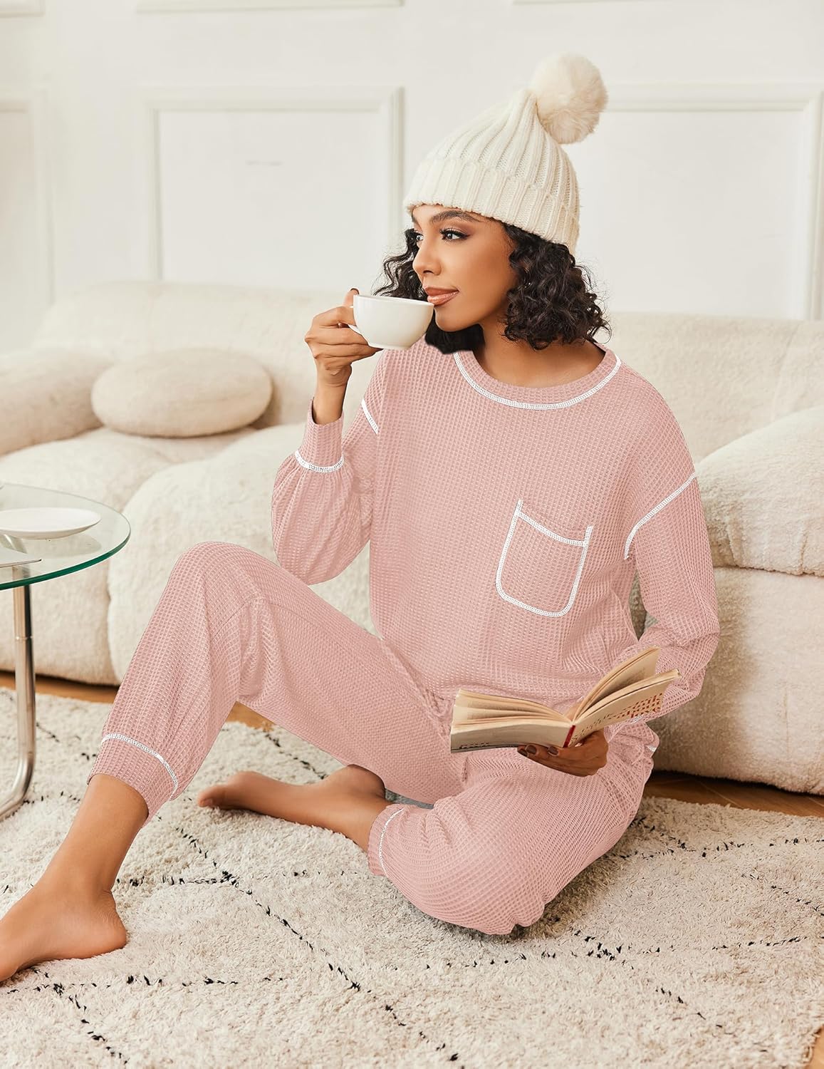 Waffle knit lounge set: long-sleeve top with chest pocket and drawstring joggers (hellrosa)