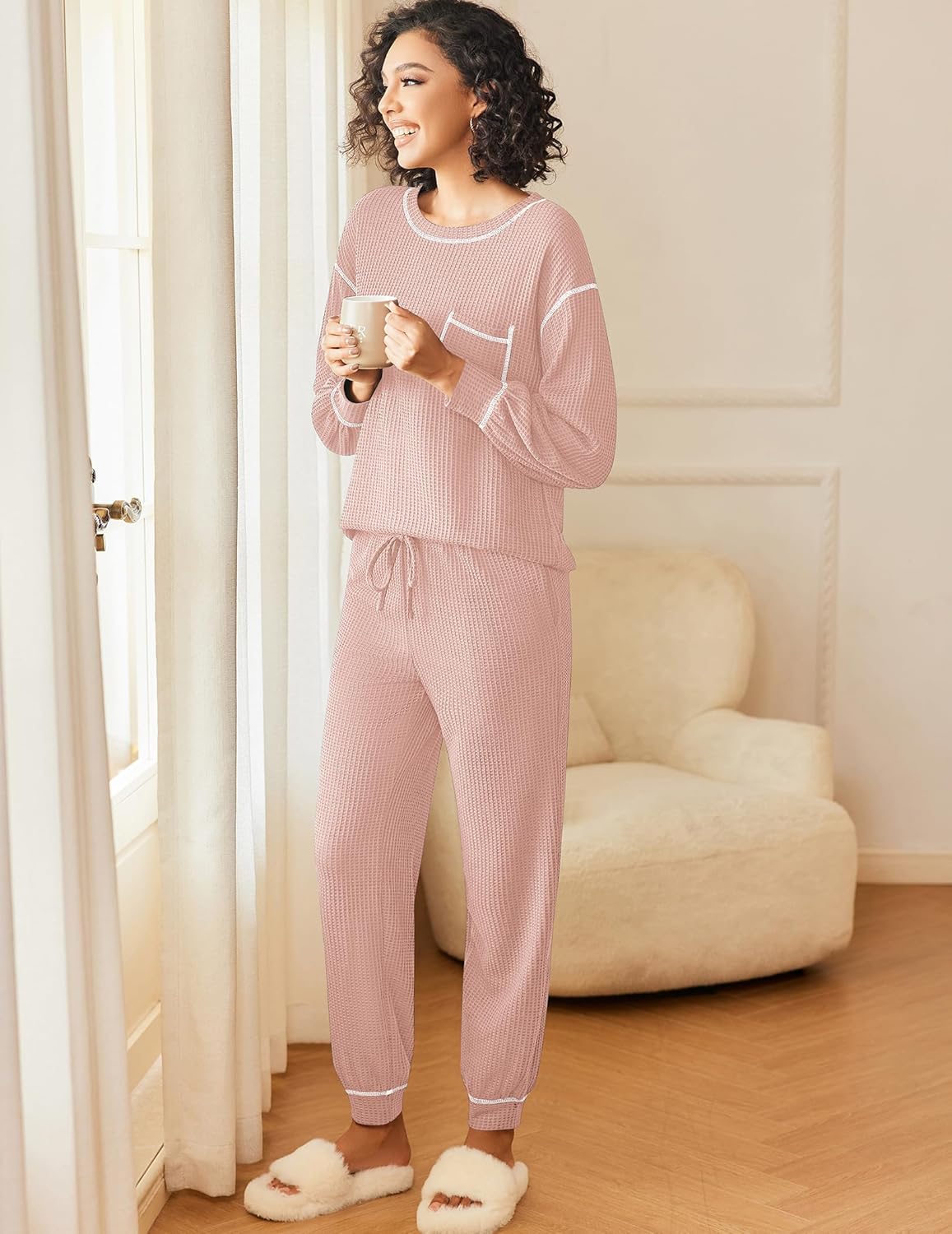 Pajamas set in waffle knit, long-sleeve top with pocket and drawstring jogger pants (hellrosa)