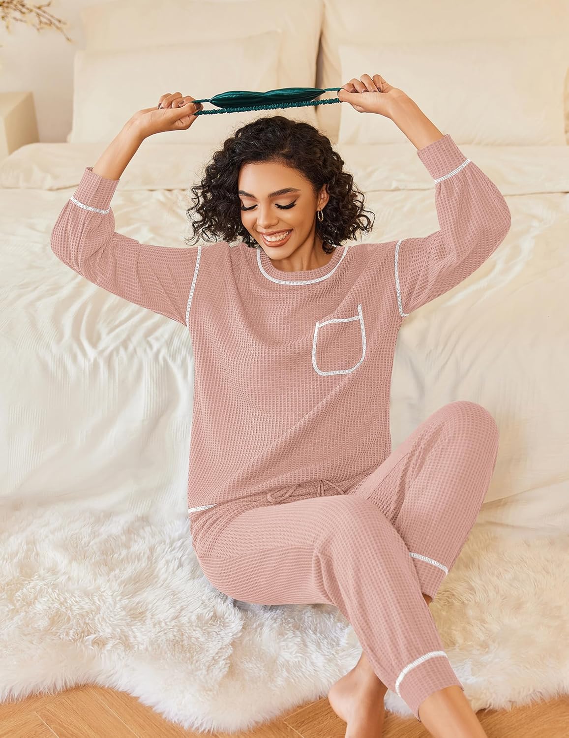 Waffle knit pajama set: long-sleeve top with pocket, relaxed jogger pants, contrast piping (hellrosa)