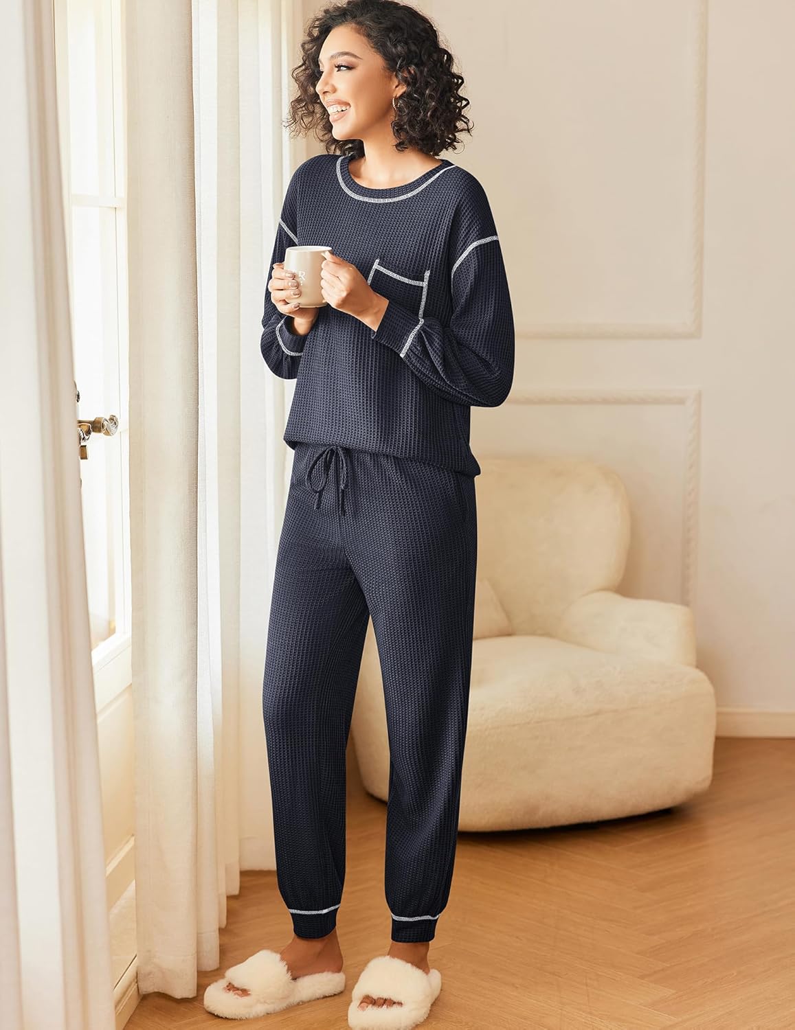 Waffle knit pajama set: long-sleeve top with pocket and drawstring jogger pants (navy) 