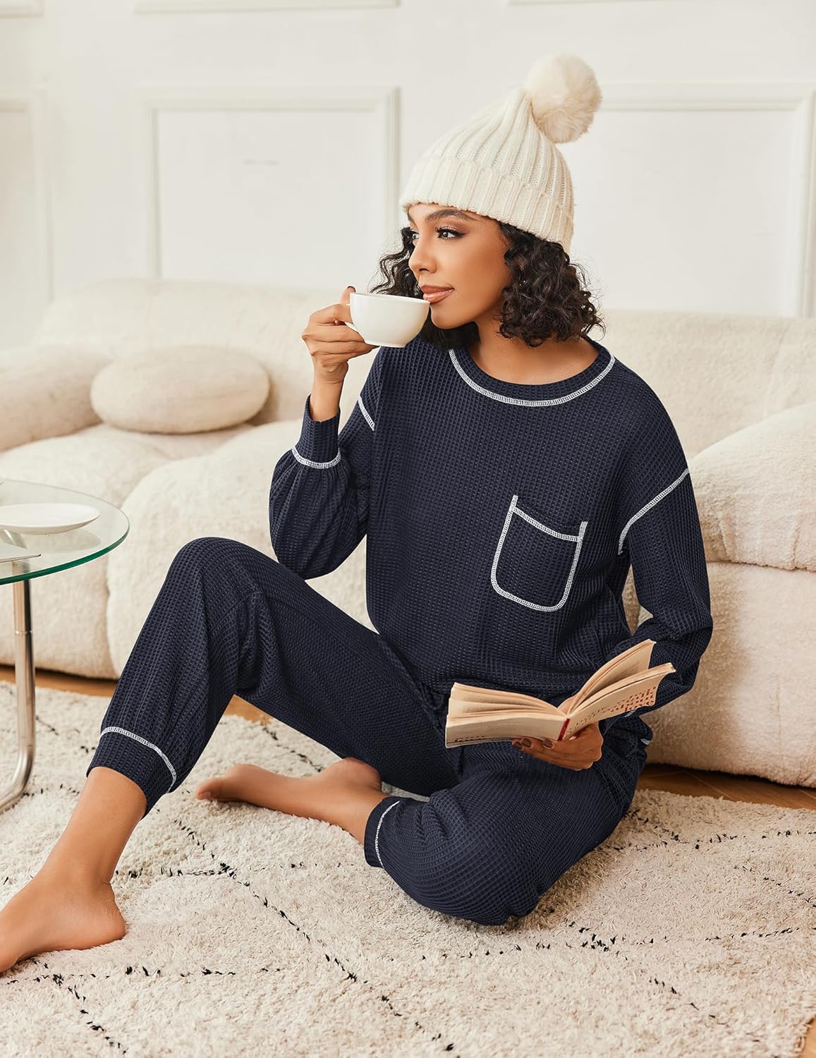 Dark navy waffle-knit pajama set with long sleeves, contrast piping, and chest pocket