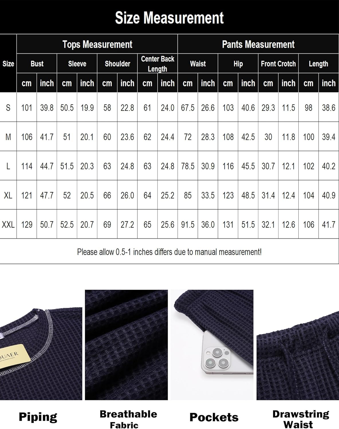 Größenmessung-Tabelle für Oberteil und Hose, plus Infos zu Paspel, Taschen und atmungsaktivem Stoff