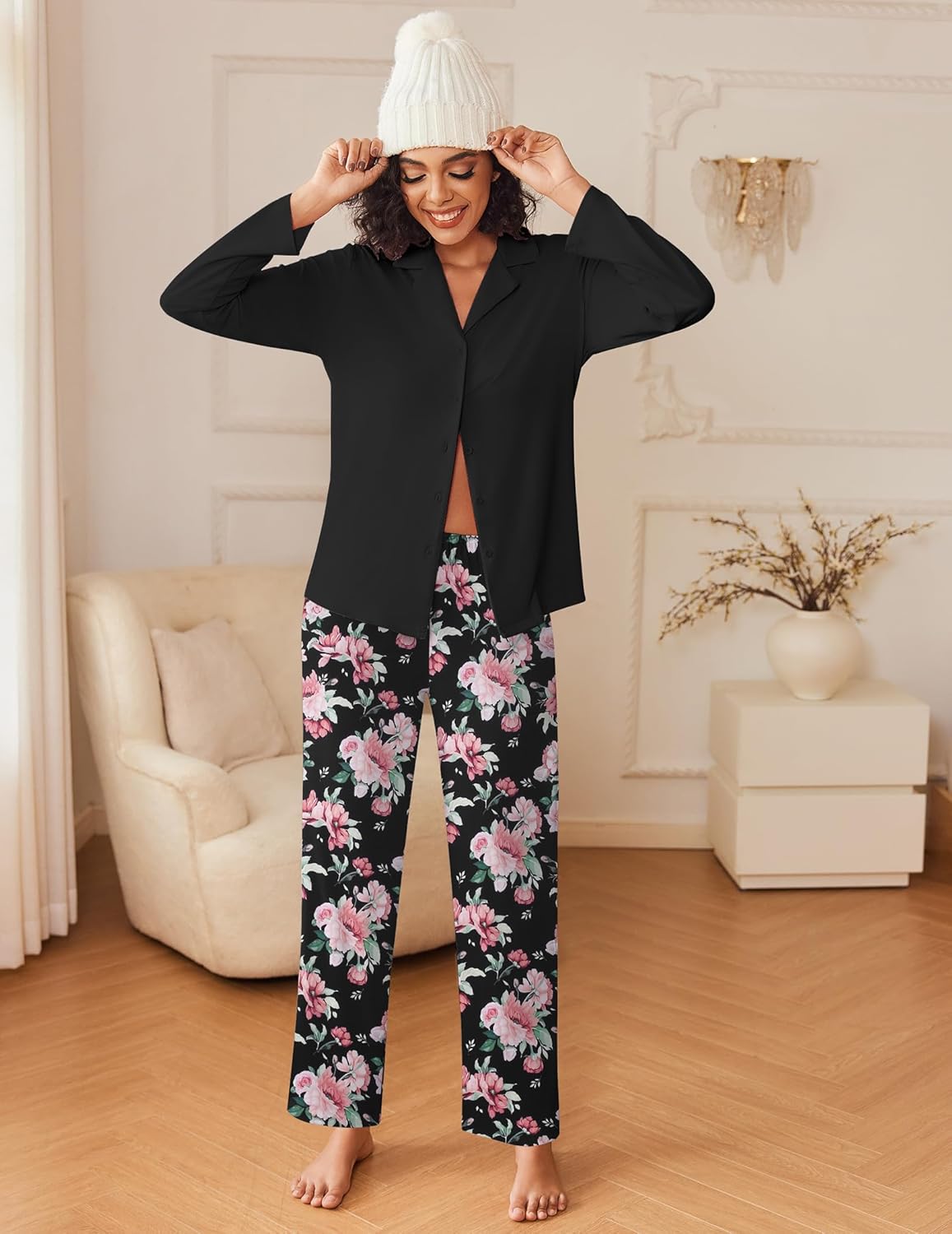 Women's black pajama set: long-sleeve top with pink floral pants