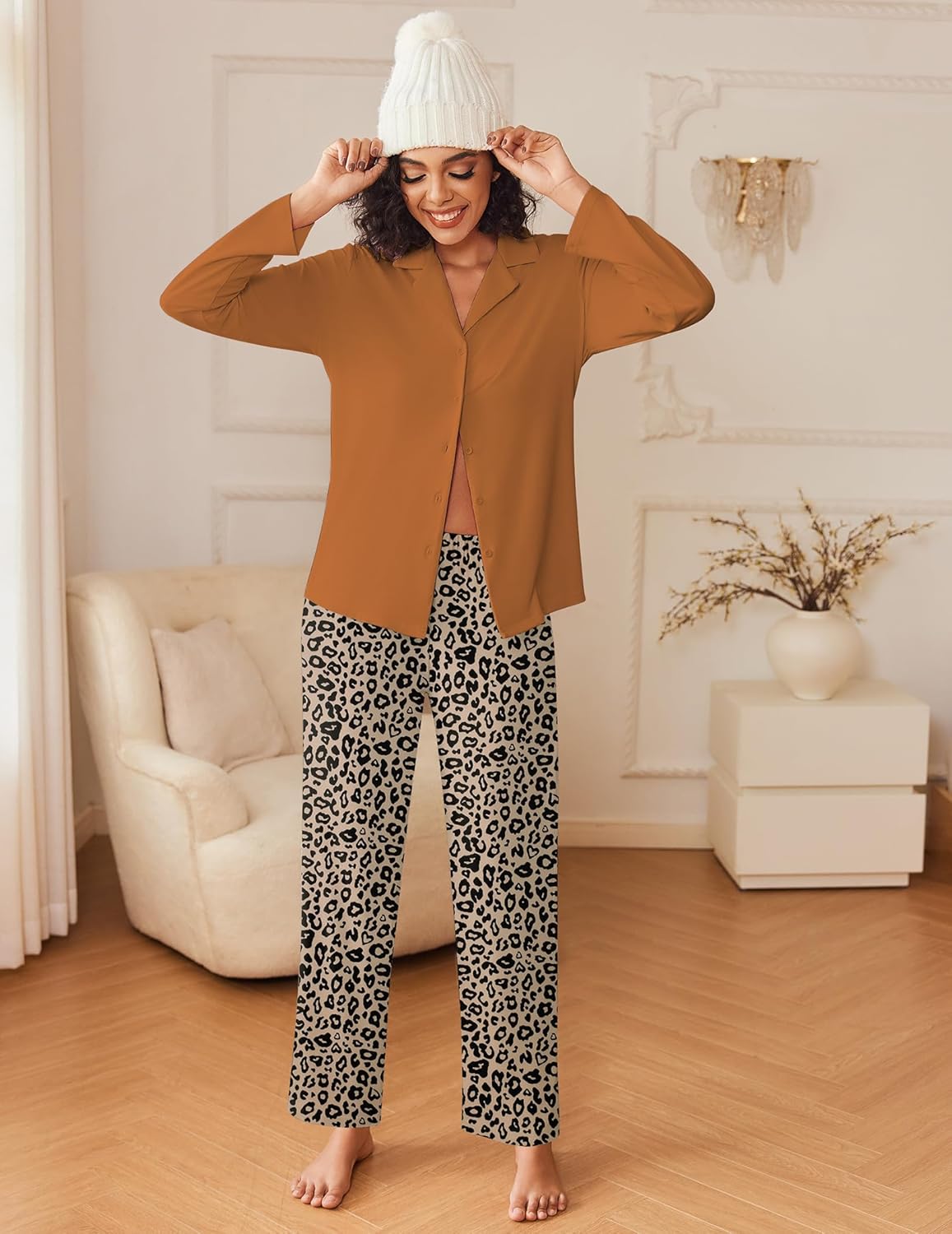 Women's camel pajama set: long-sleeve button top with leopard-print pants