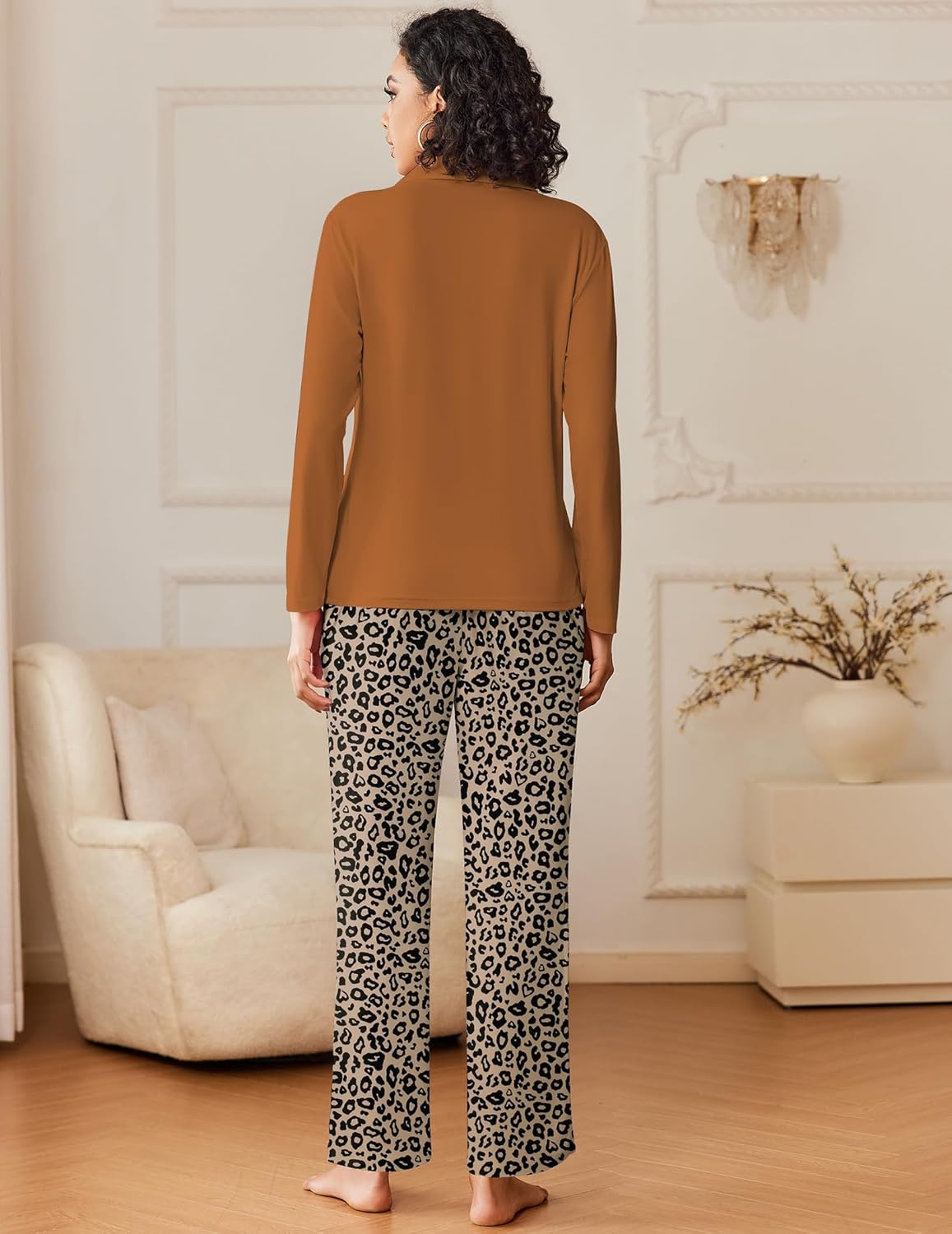 Leopard print pajama set with brown long-sleeve button-down top and matching pants