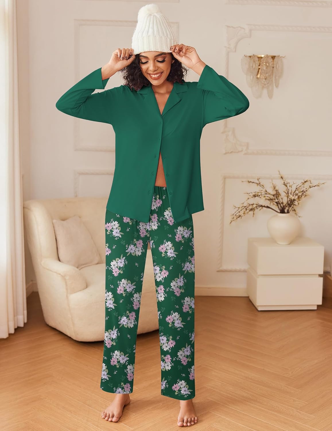 Green long-sleeve button-down pajama set with purple floral print wide-leg pants