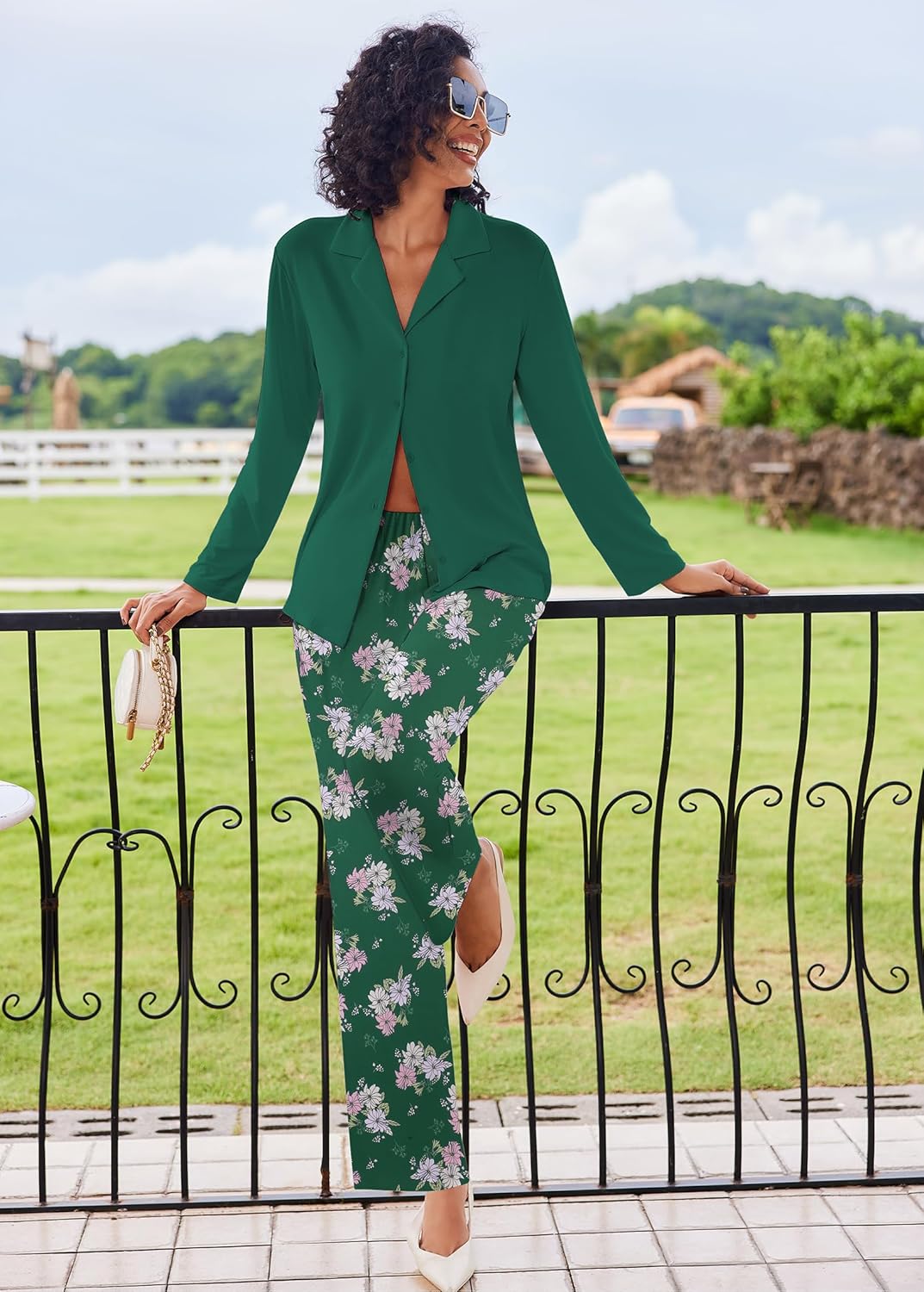 Green long-sleeve button-down pajama set with floral print wide-leg pants