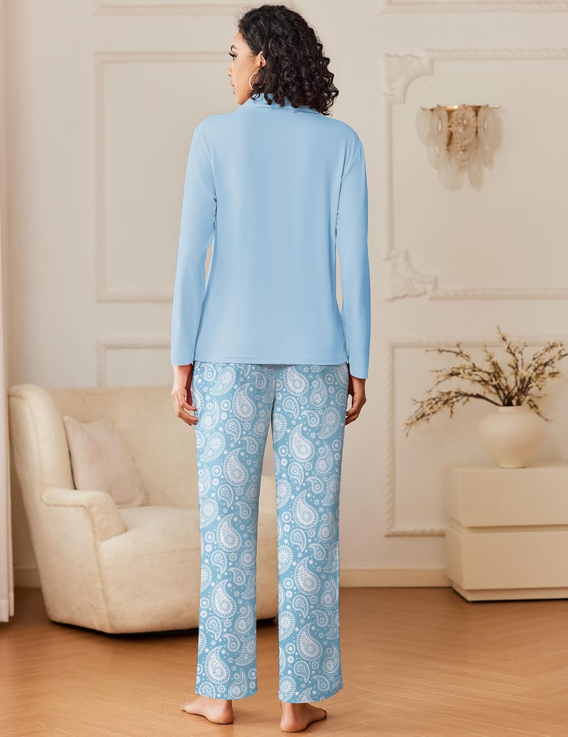 Button-down pajama set with light blue long-sleeve top and blue paisley pants