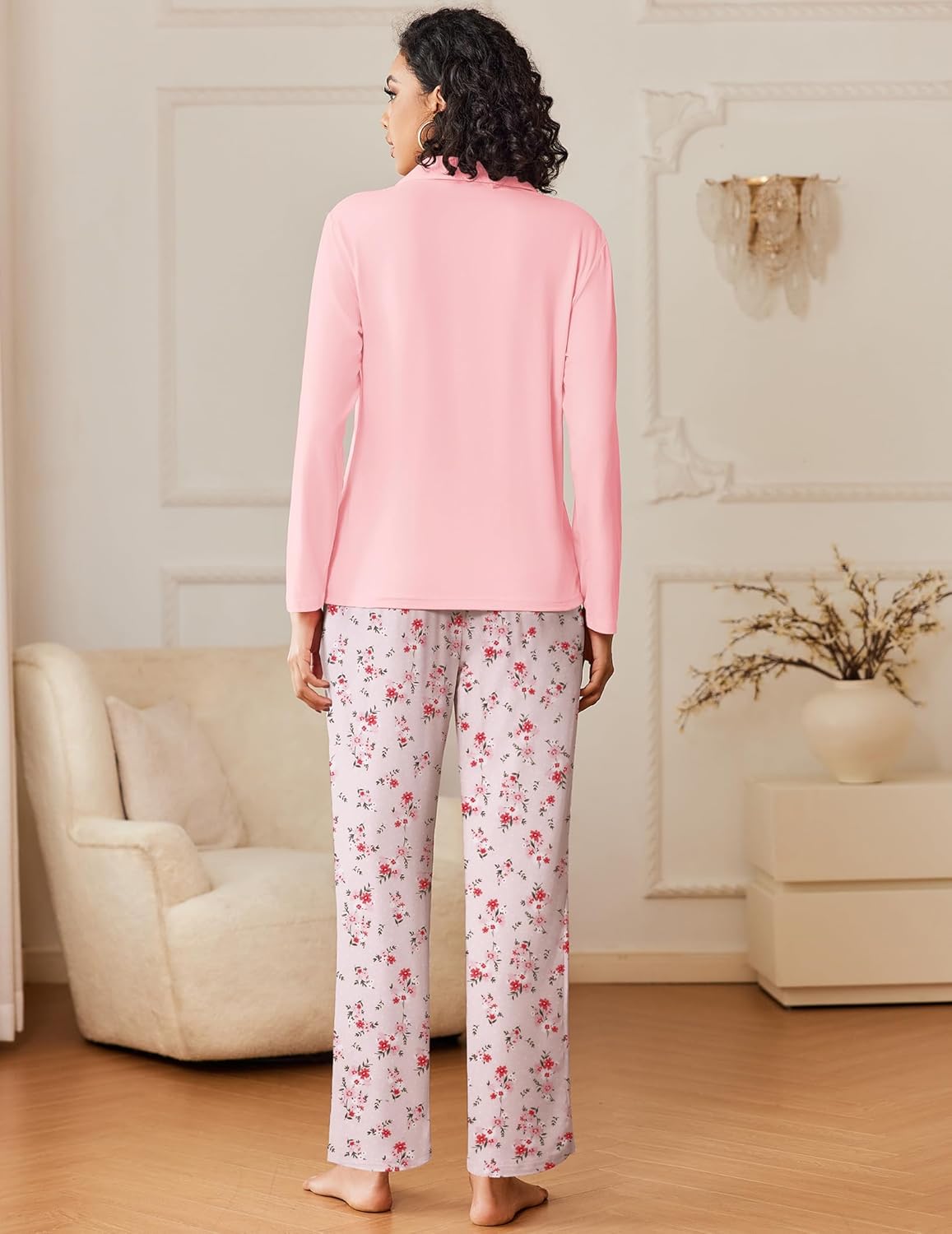 Women's pink pajama set: long-sleeve top with small floral pants