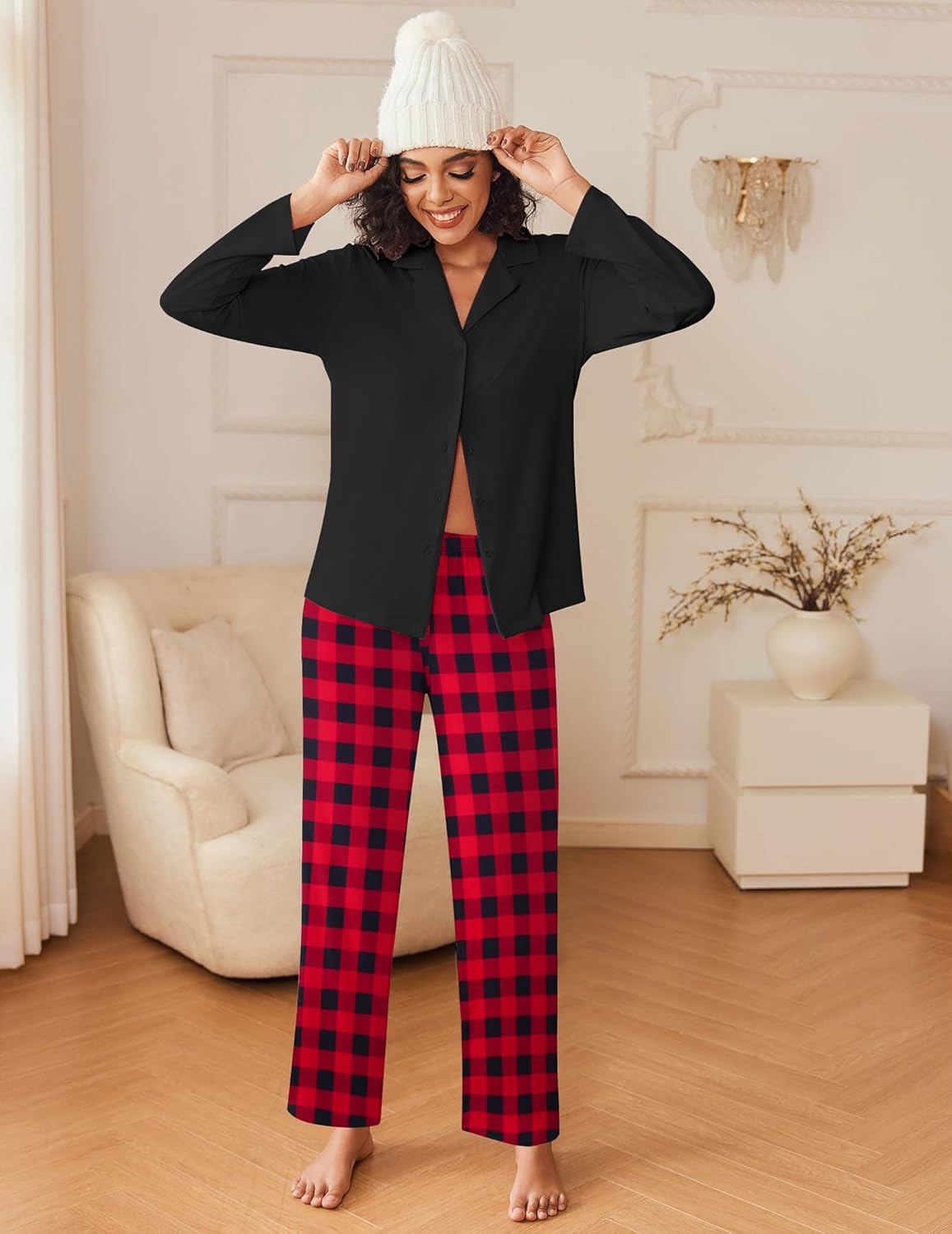 Button-down pajama set with black top and red-and-black plaid pants