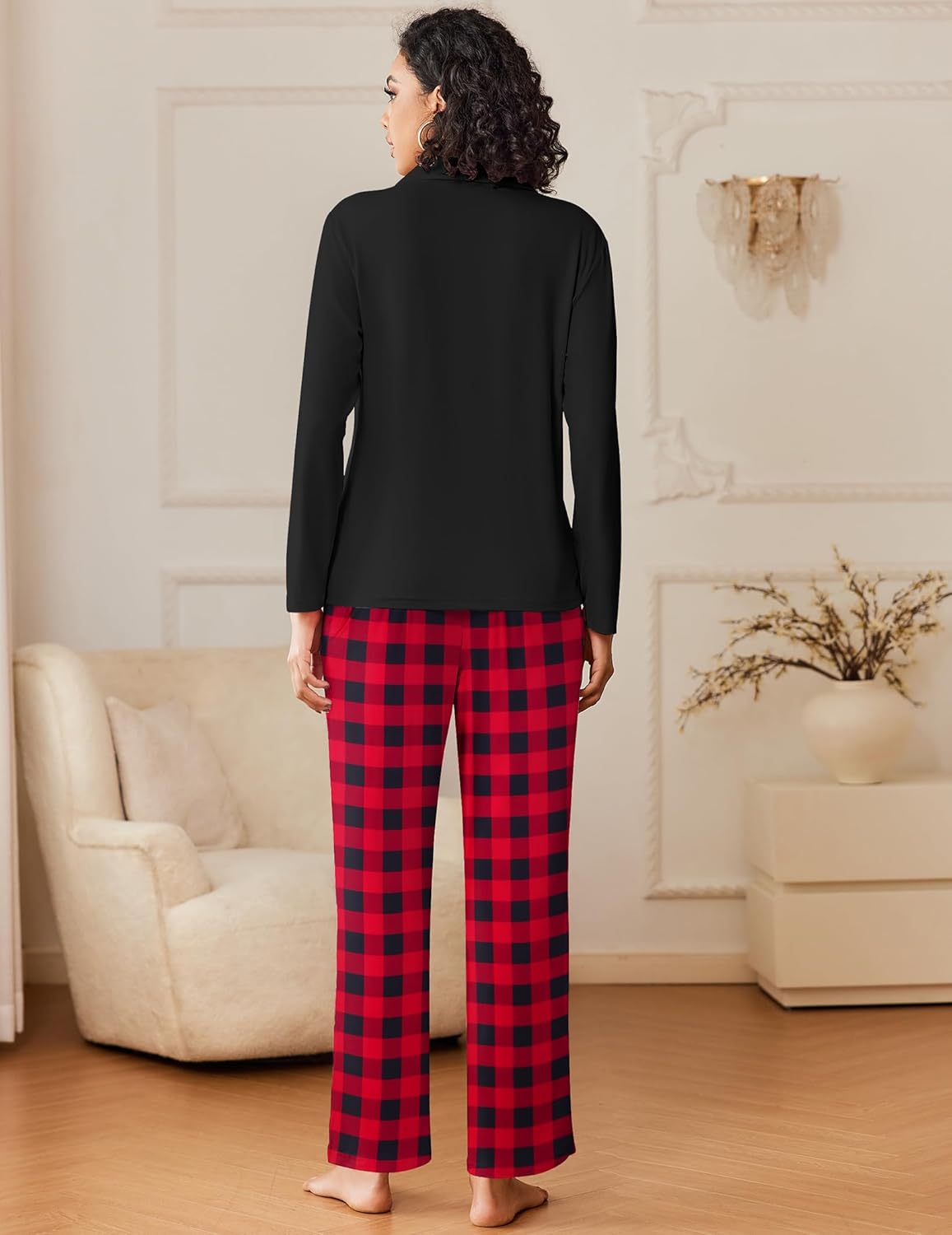 Button-down pajama set with black long-sleeve top and red-and-black plaid pants