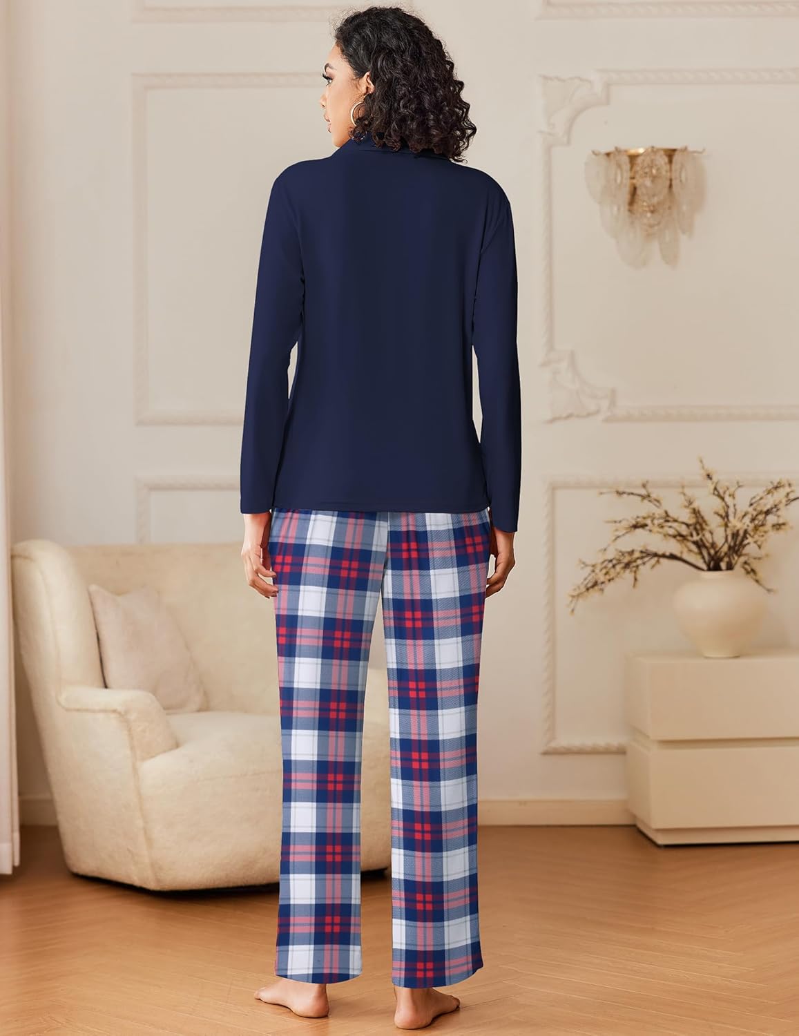 Button-down pajama set with navy long-sleeve top and red, blue plaid pants