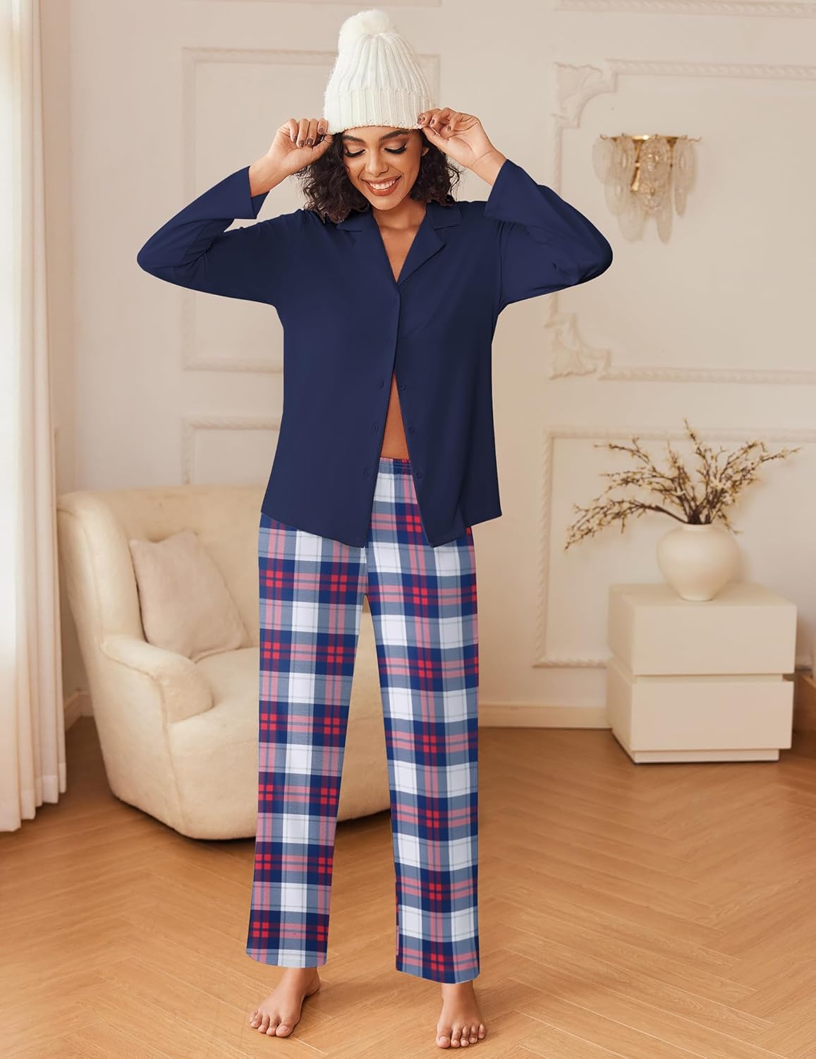 Button-down pajama set with navy top and red, blue, and white plaid pants