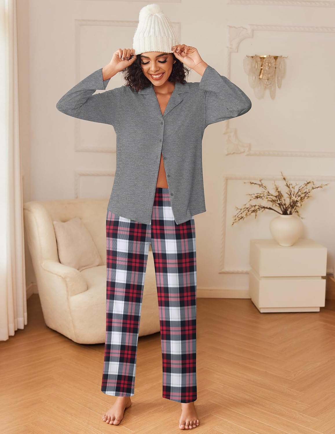 Women's gray pajama set: long-sleeve button top with red plaid pants
