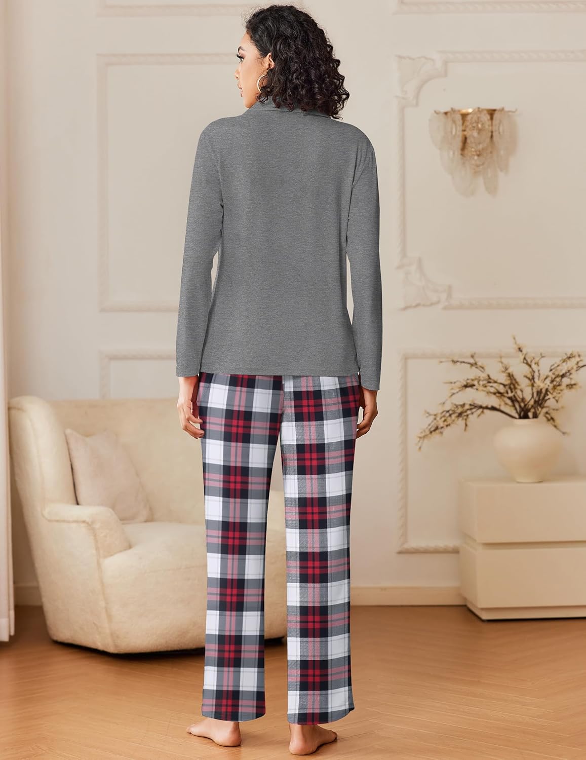Women's gray pajama set: long-sleeve top with multicolor plaid pants