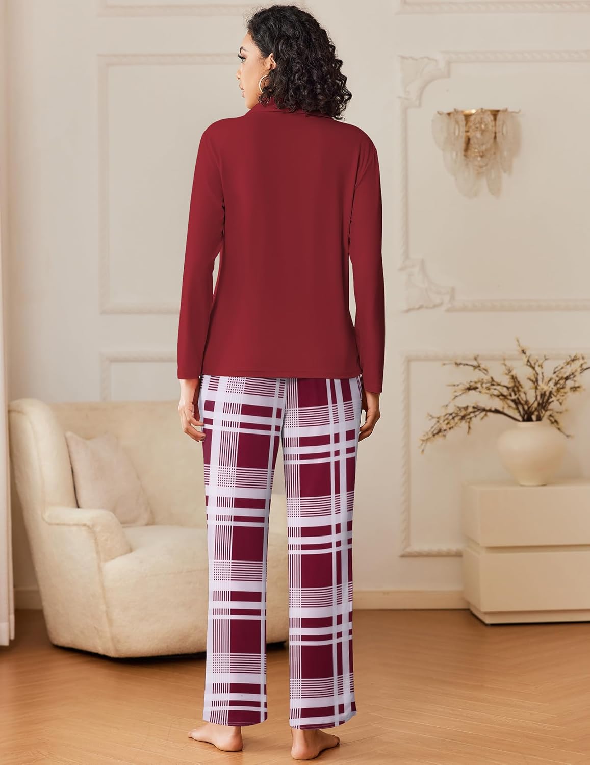 Burgundy long-sleeve button-down pajama set with red-and-white plaid wide-leg pants