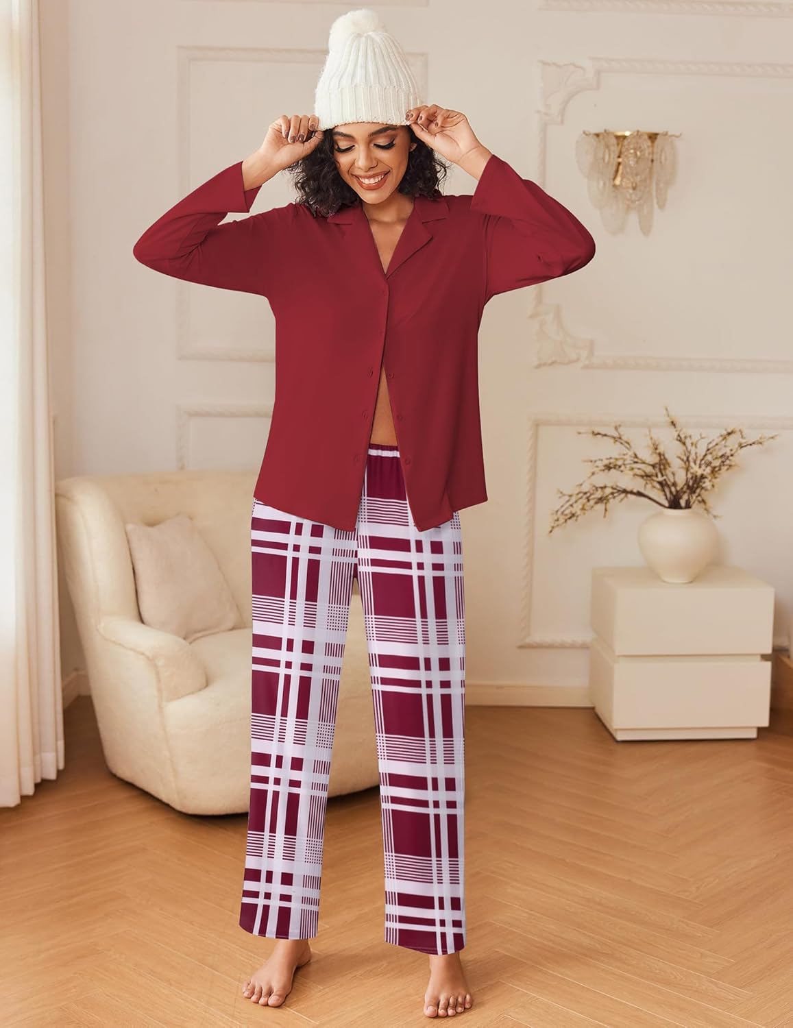 Wine red long-sleeve button-down pajama top with red-and-white plaid lounge pants