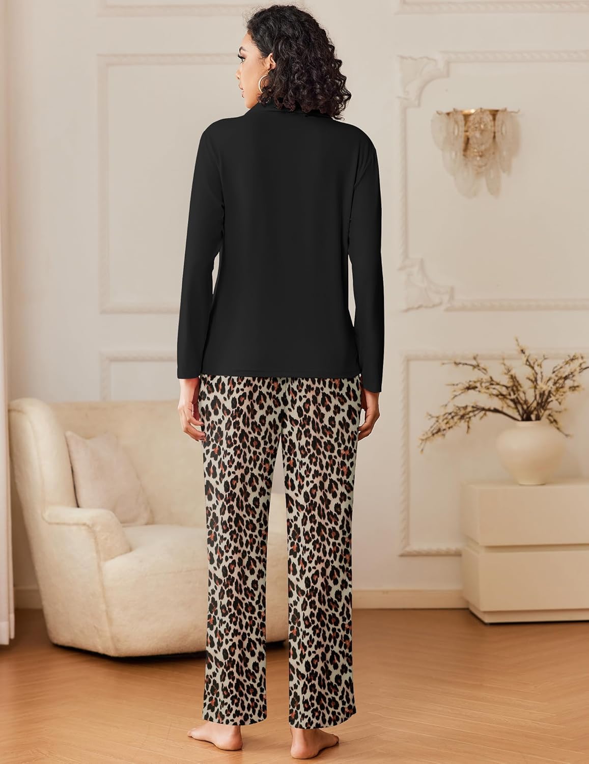 Women's black pajama set: long-sleeve top with leopard-print lounge pants