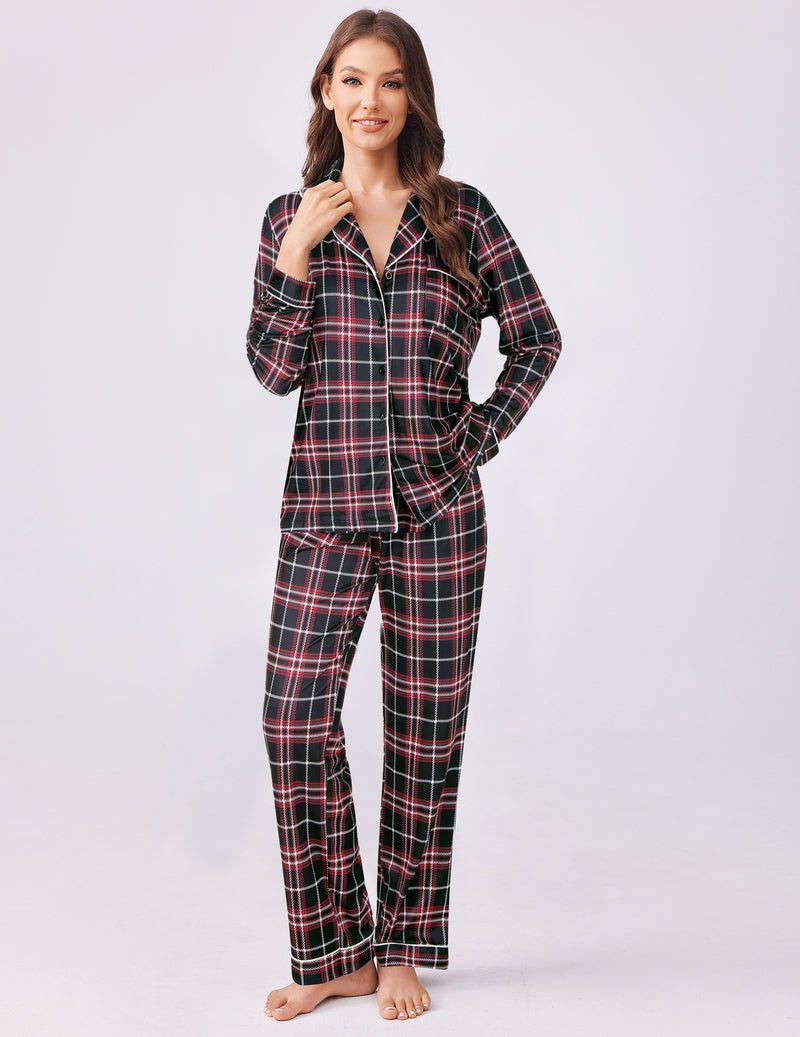 Black/red plaid pajama set with collared button-up top and matching long pants