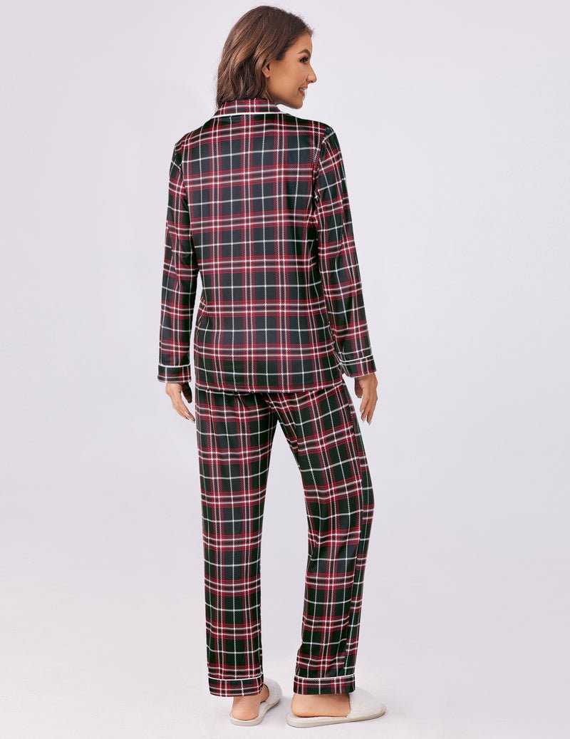 Red/green plaid pajama set, long-sleeve button top and straight-leg pants, back view