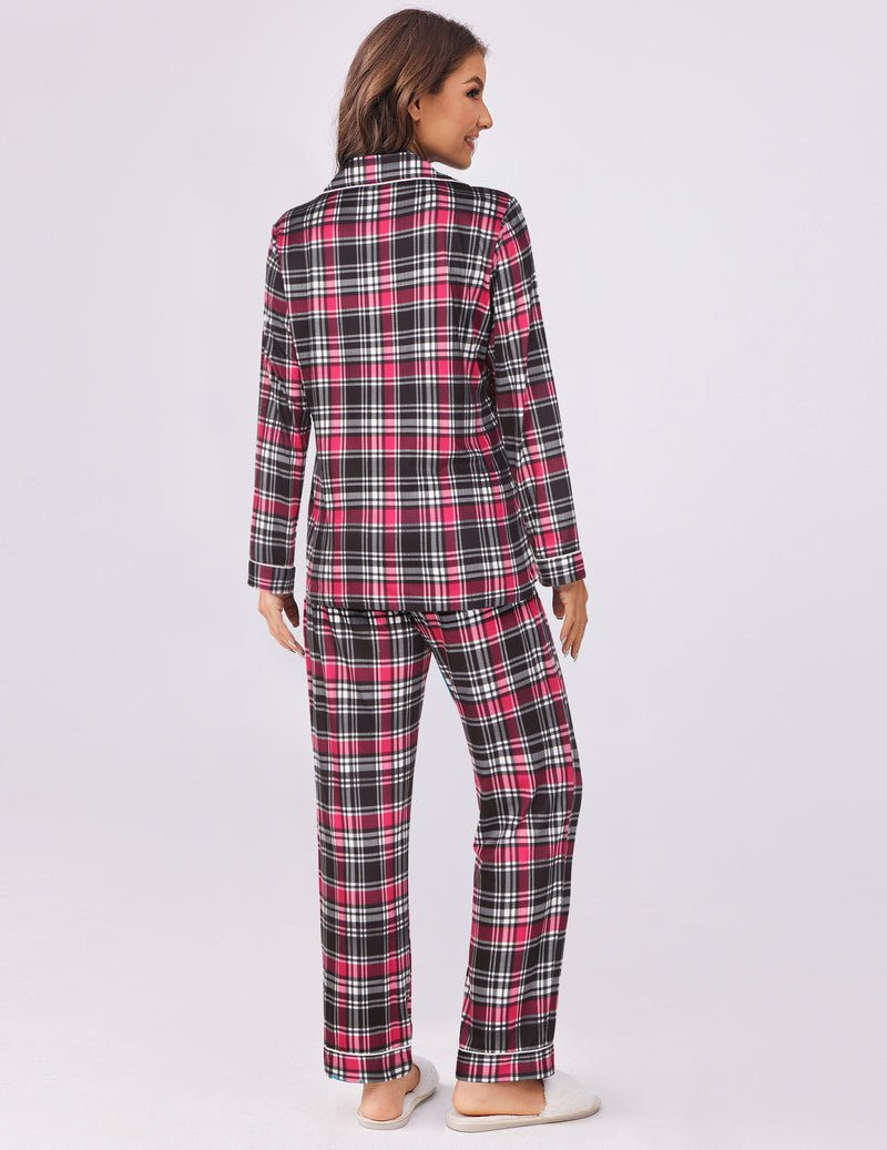 Red plaid 2-piece pajama set: button-up top and matching straight-leg pants