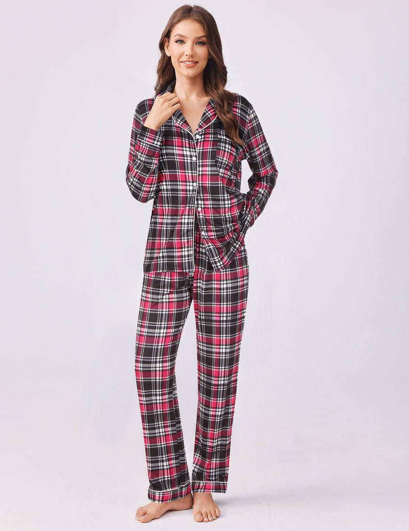 Plaid pajama set, 2-piece long-sleeve top and cuffed pants in black-and-red plaid