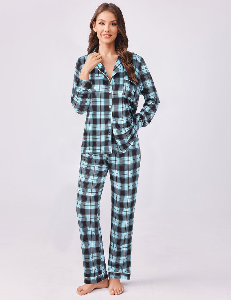 Blue plaid 2-piece pajama set with collared button-up top and relaxed pants